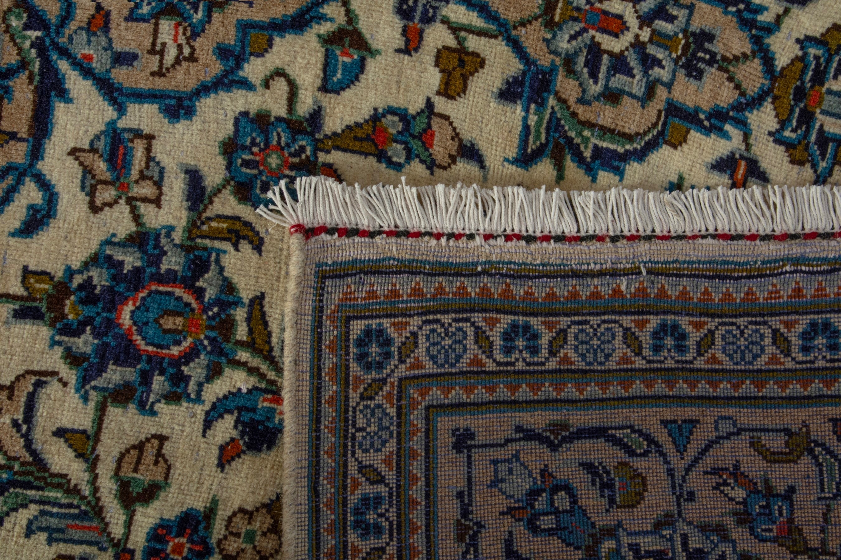 Persian Kashan area rug in ivory and dark blue, view 19 of 19