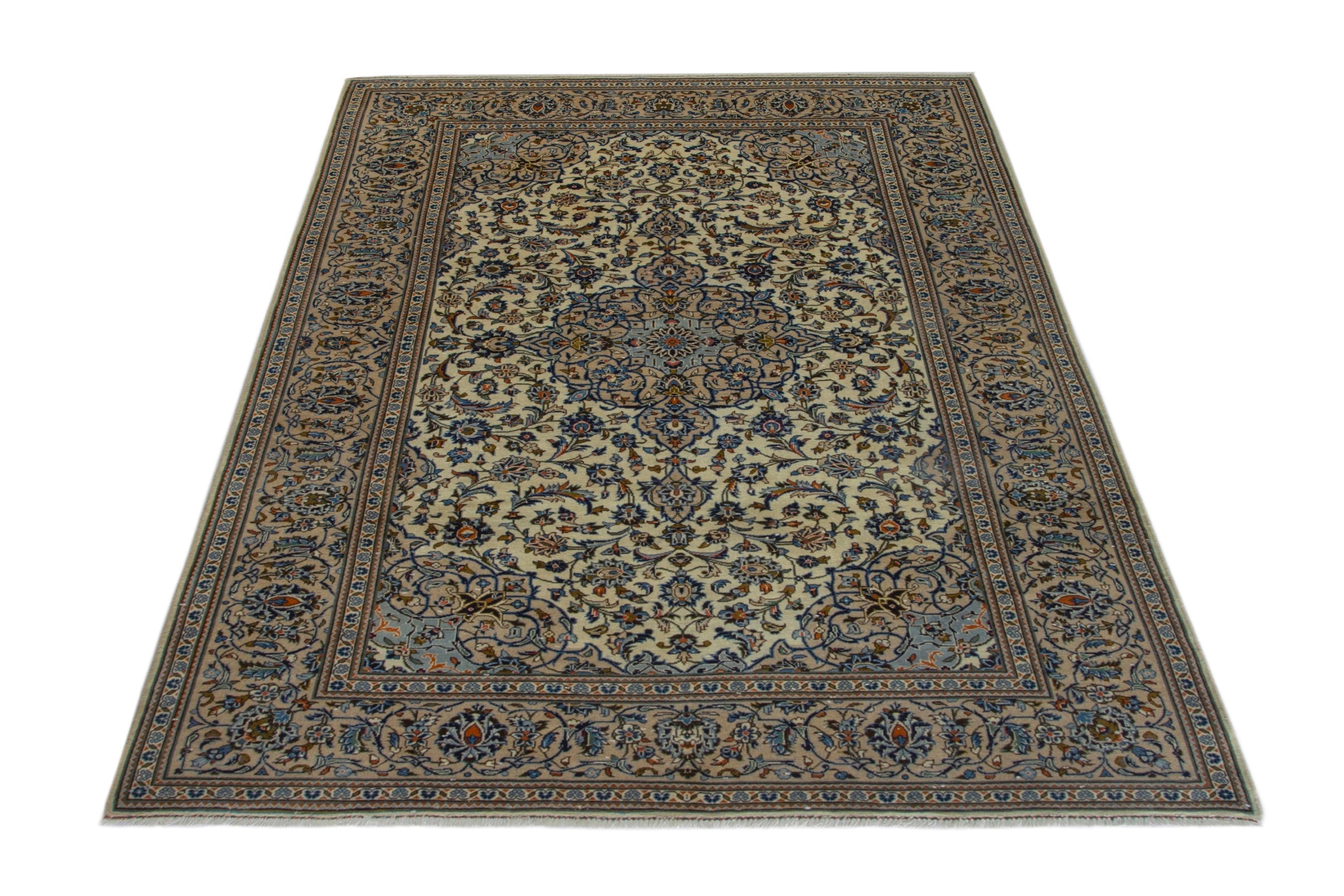 Persian Kashan area rug in ivory and dark blue, view 2 of 19