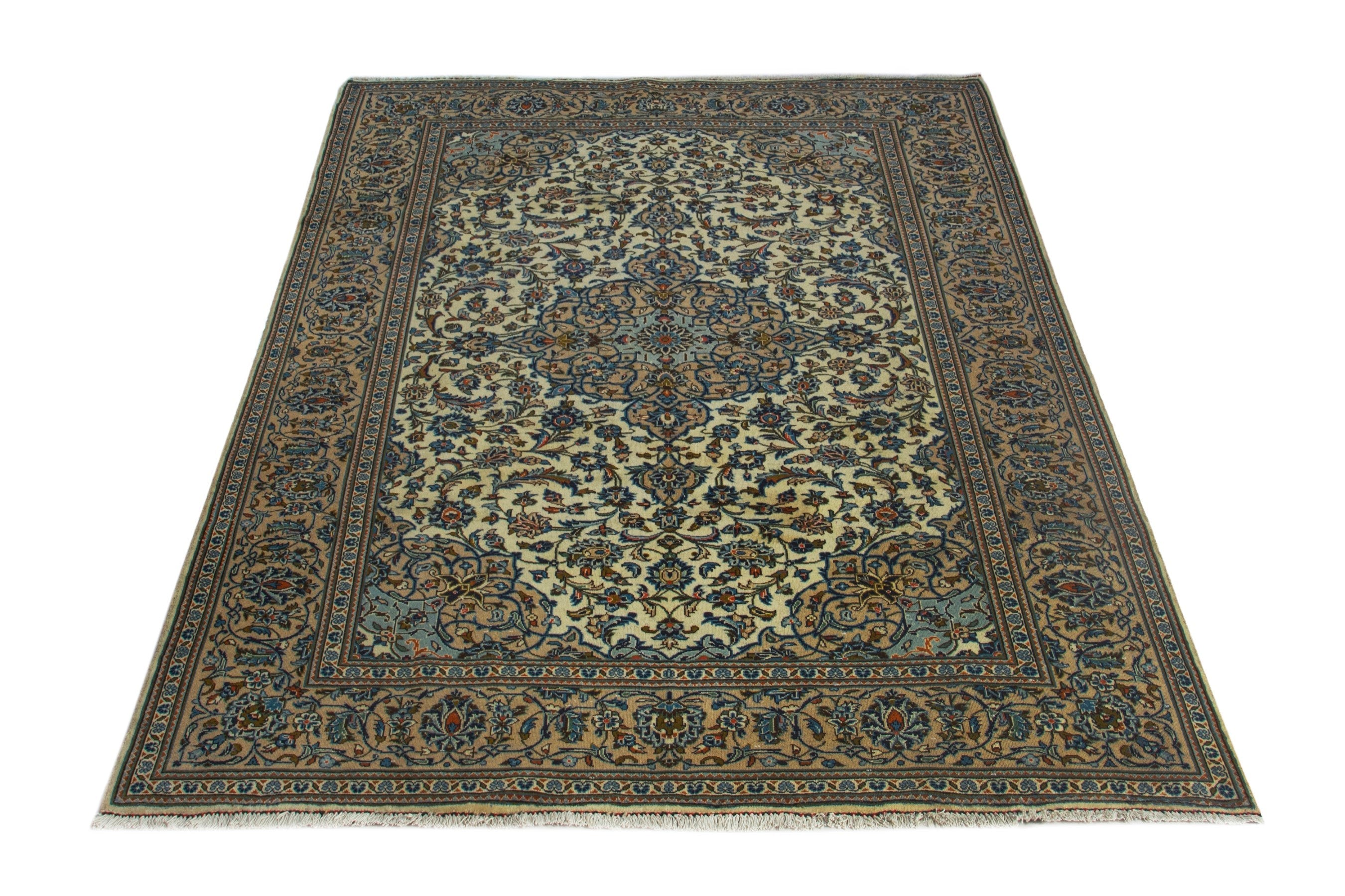 Persian Kashan area rug in ivory and dark blue, view 3 of 19