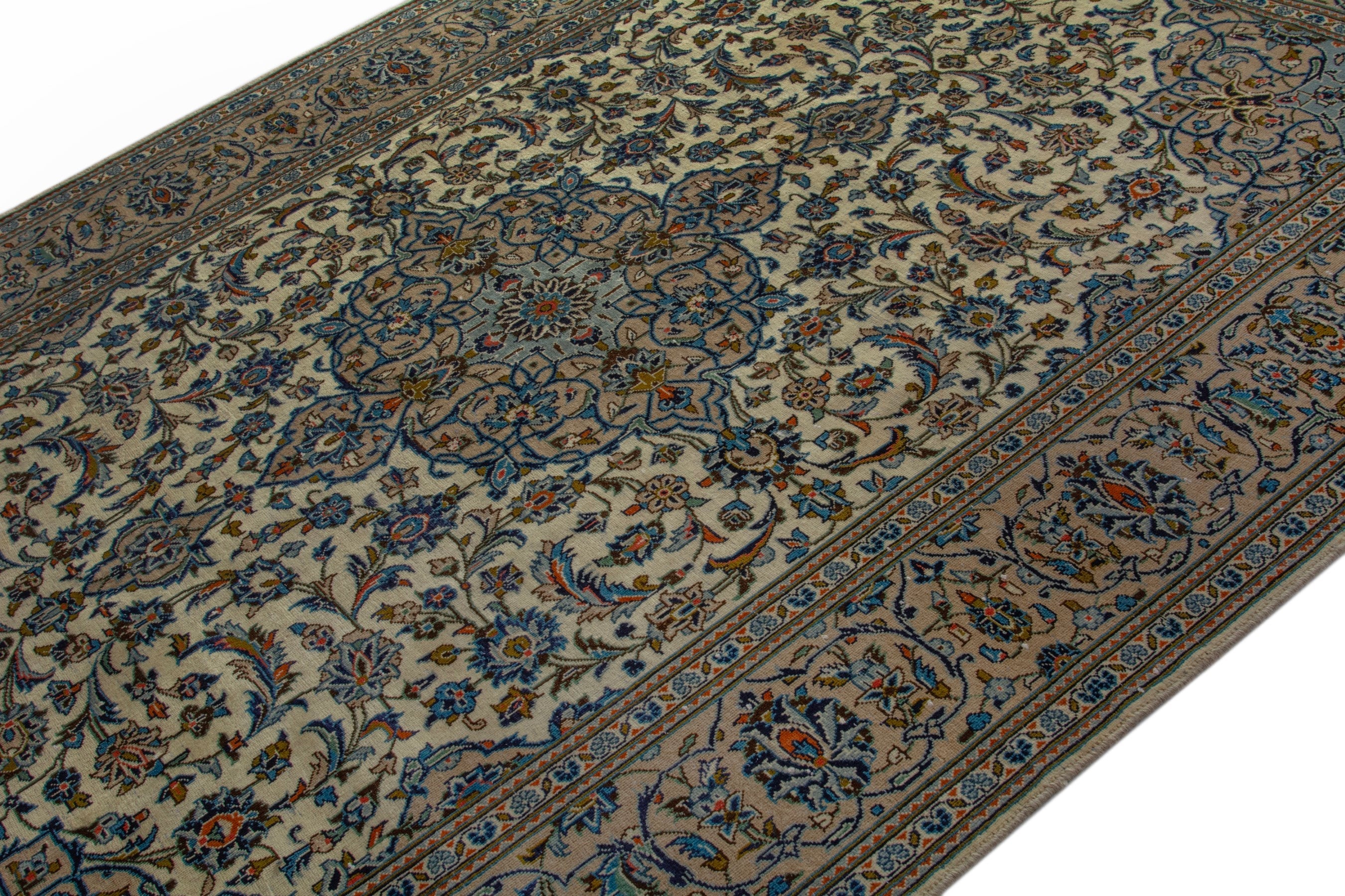 Persian Kashan area rug in ivory and dark blue, view 4 of 19