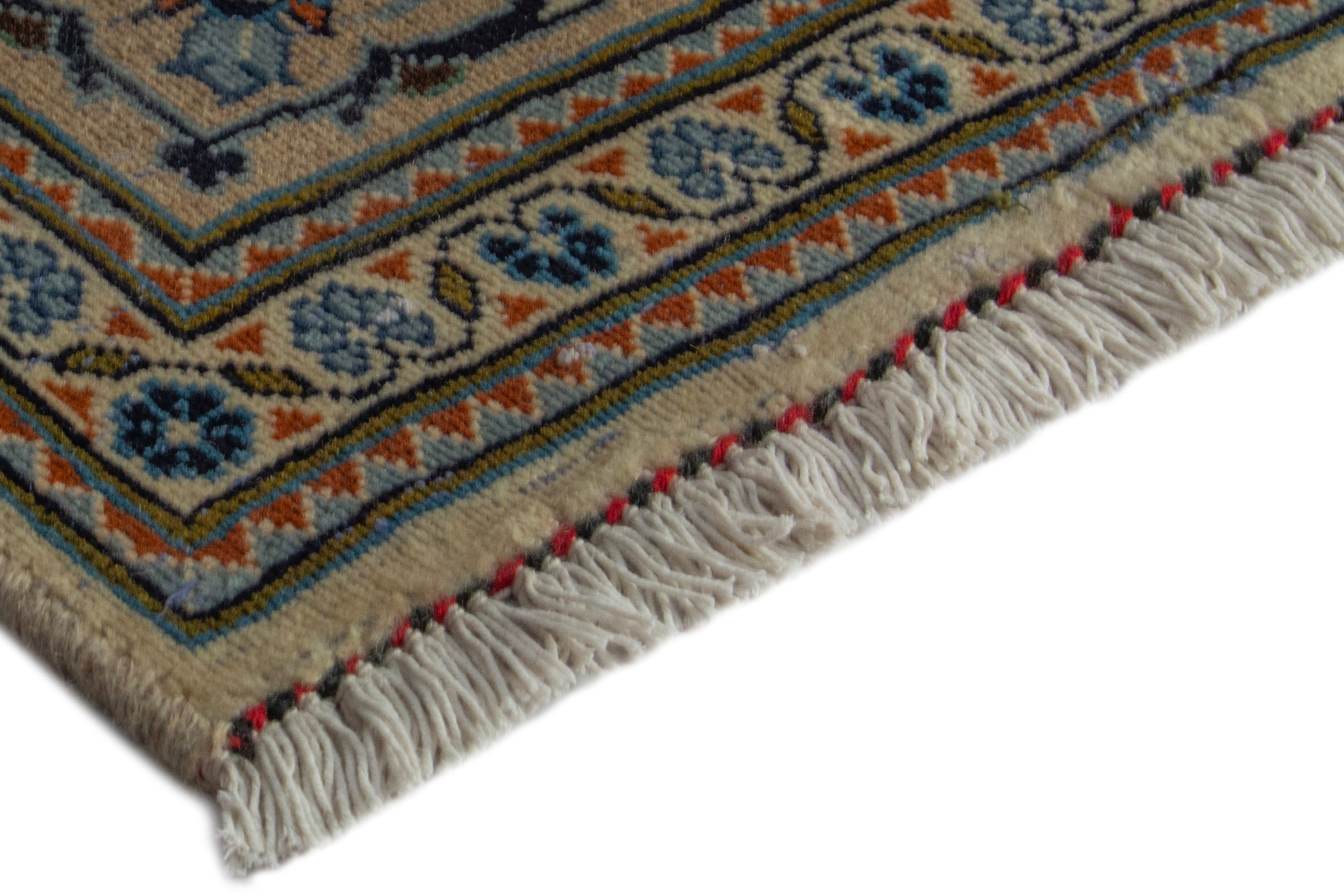 Persian Kashan area rug in ivory and dark blue, view 6 of 19