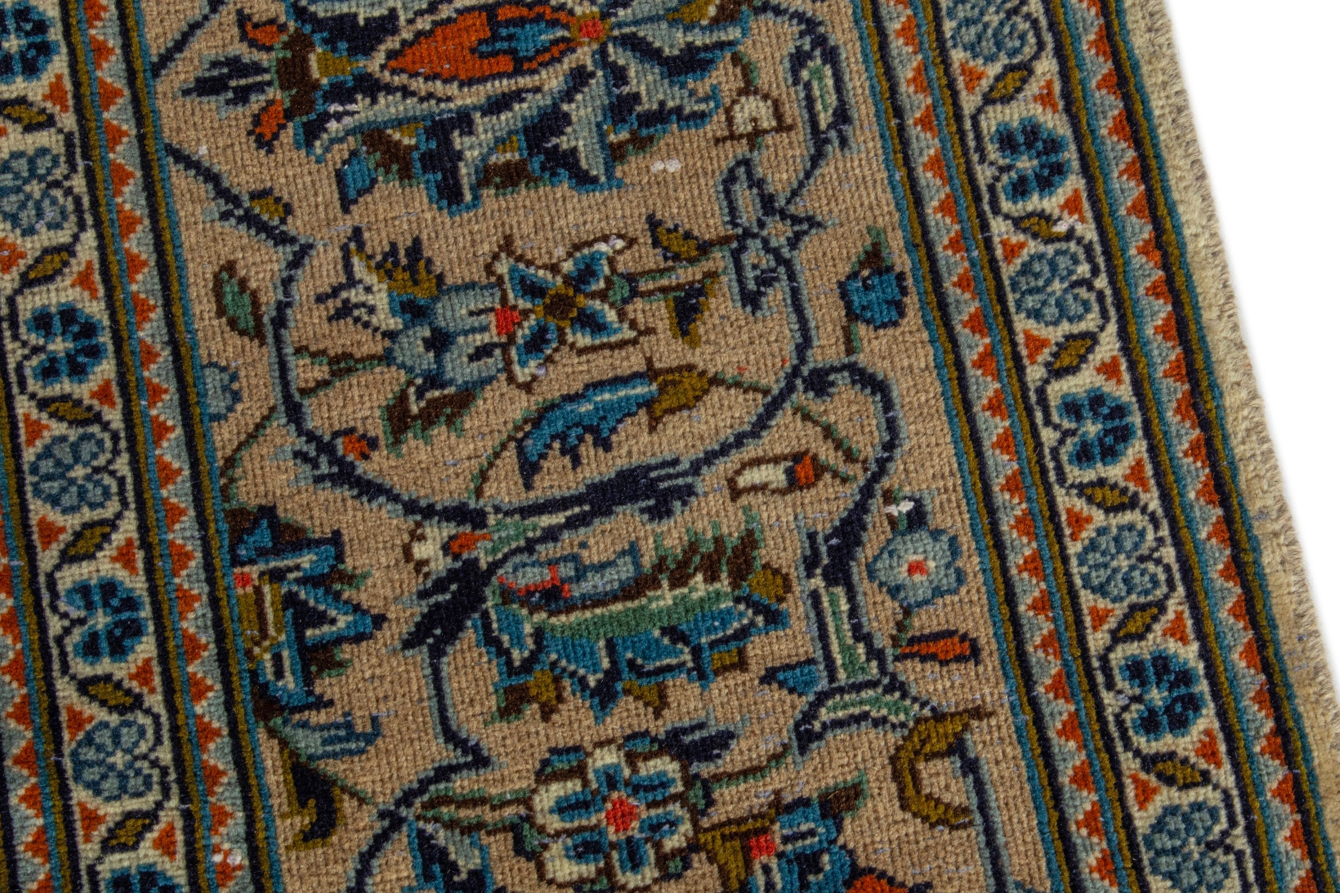 Persian Kashan area rug in ivory and dark blue, view 7 of 19
