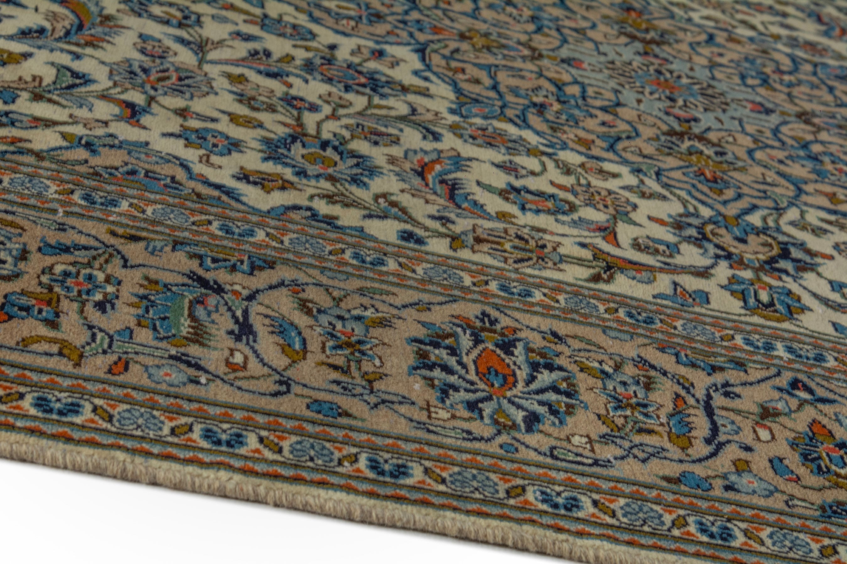 Persian Kashan area rug in ivory and dark blue, view 8 of 19