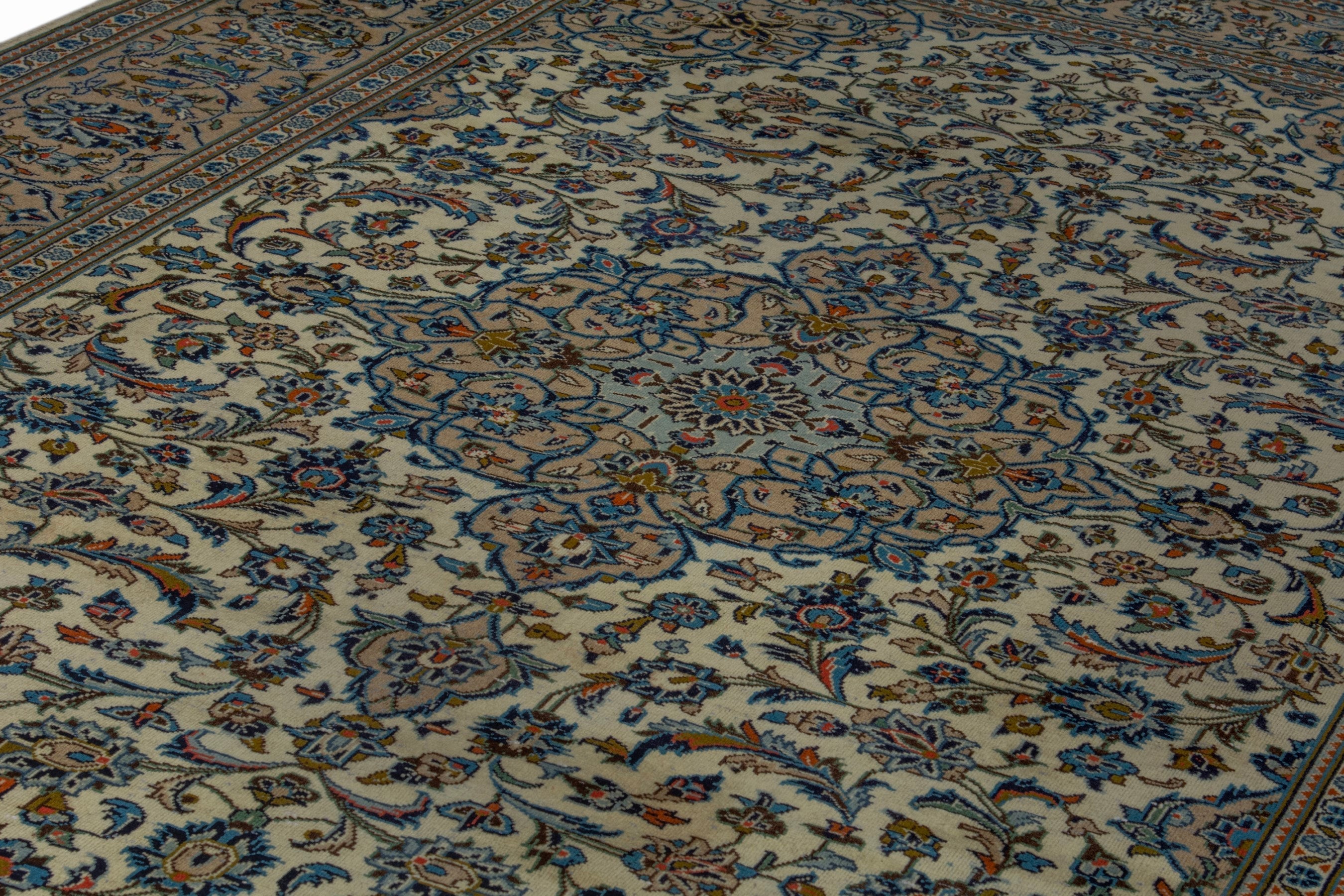 Persian Kashan area rug in ivory and dark blue, view 9 of 19