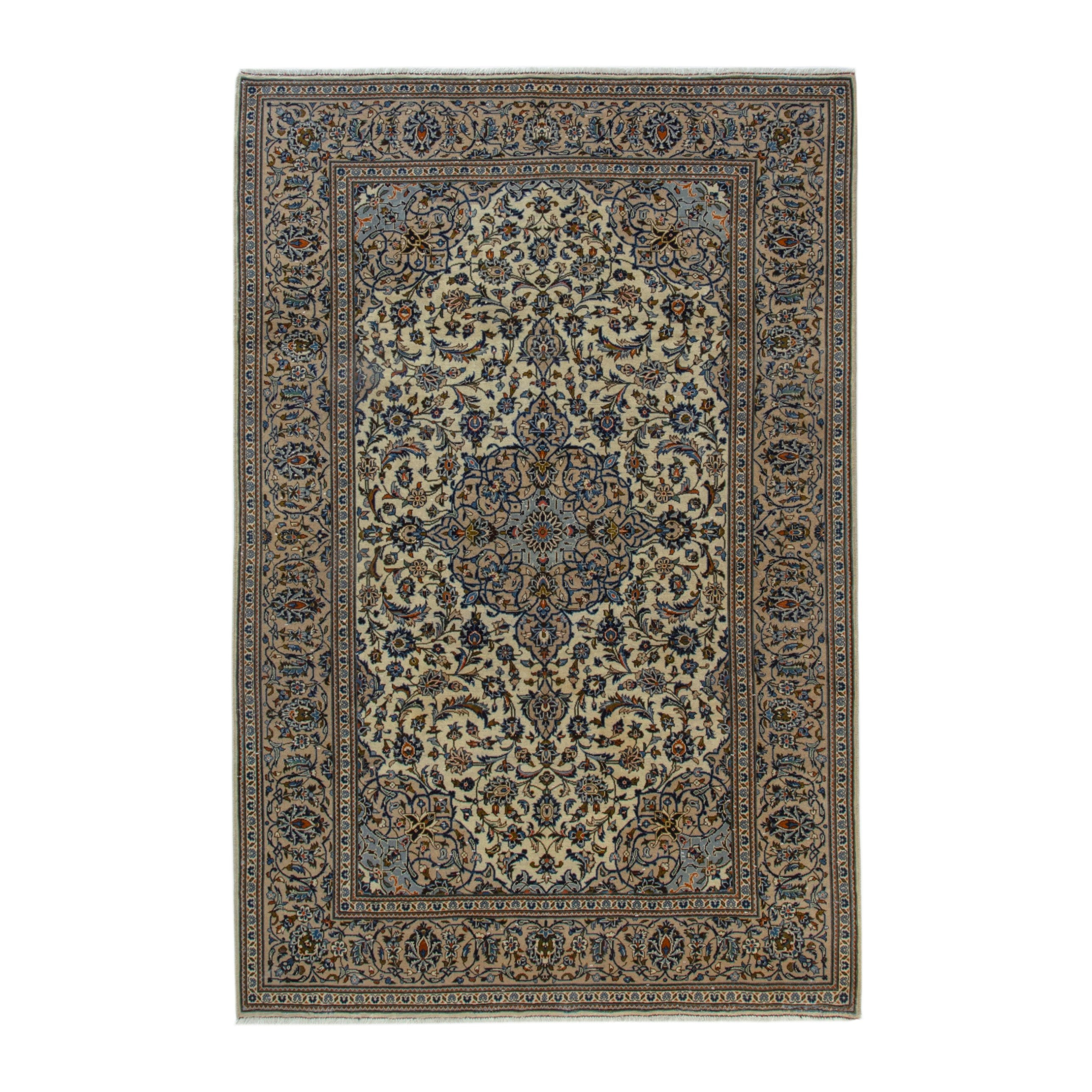 Persian Kashan area rug in ivory and dark blue, 6'7" x 10'