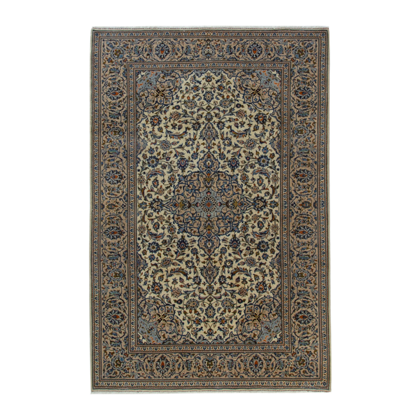 Persian Kashan area rug in ivory and dark blue, 6'7" x 10'