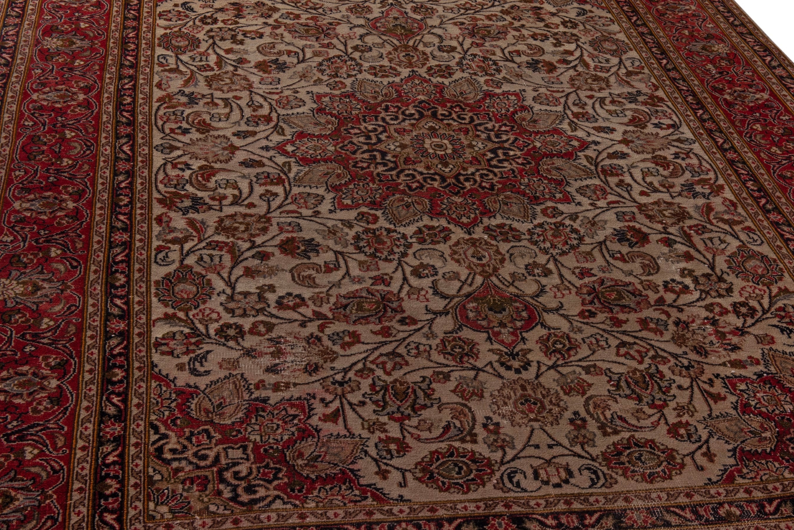 Persian Mashhad area rug in ivory and burgundy, view 10 of 20