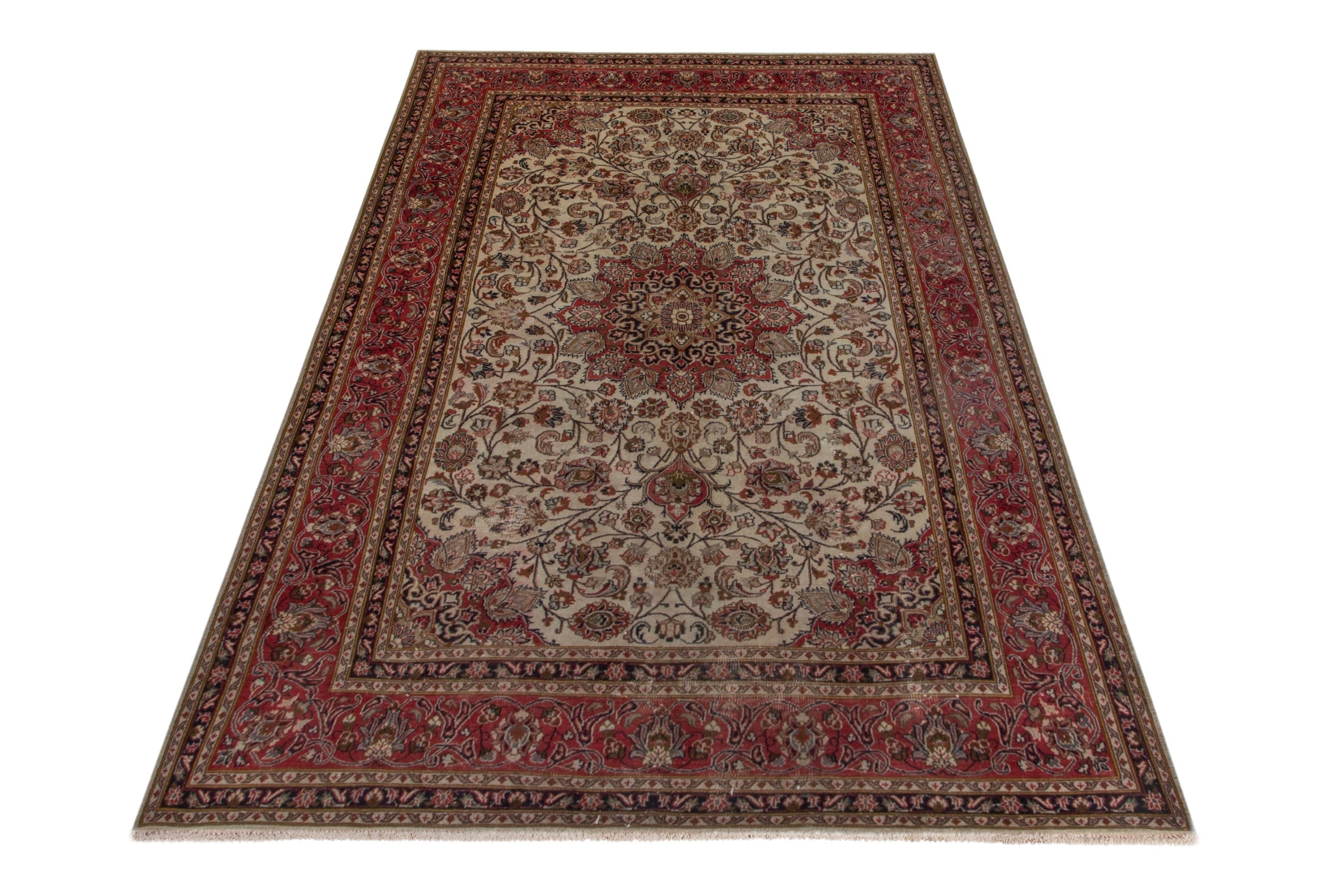 Persian Mashhad area rug in ivory and burgundy, view 2 of 20