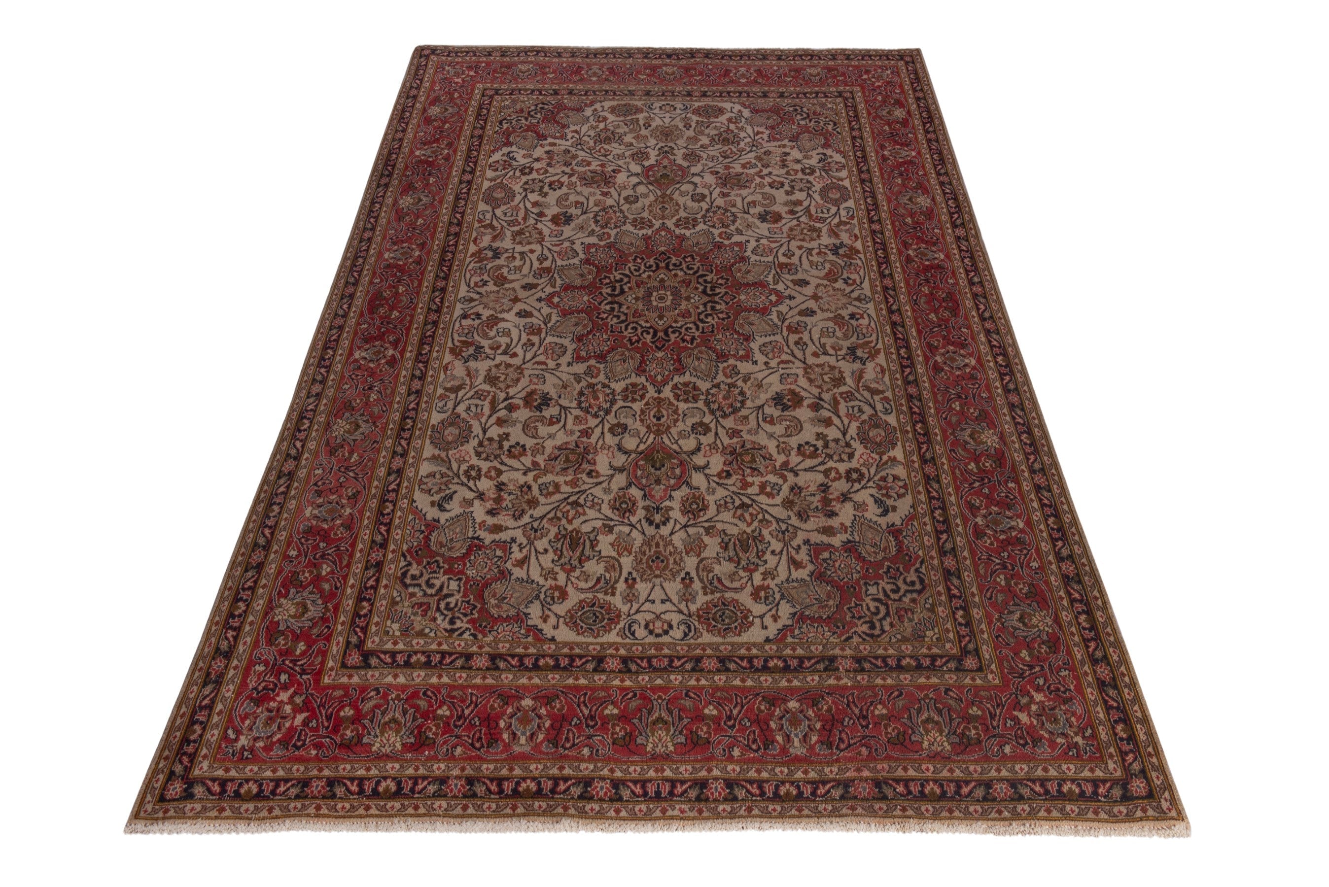 Persian Mashhad area rug in ivory and burgundy, view 3 of 20