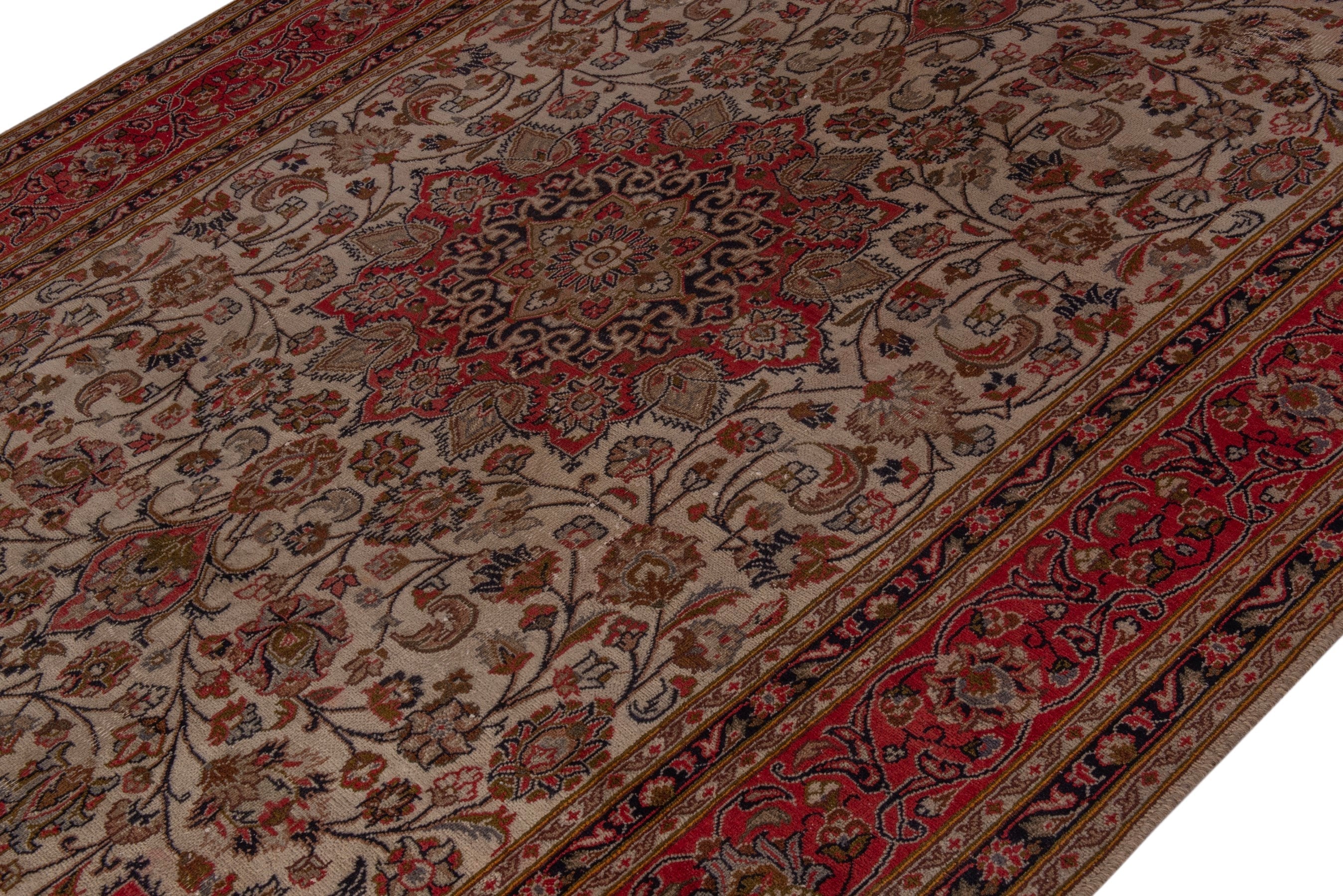 Persian Mashhad area rug in ivory and burgundy, view 4 of 20
