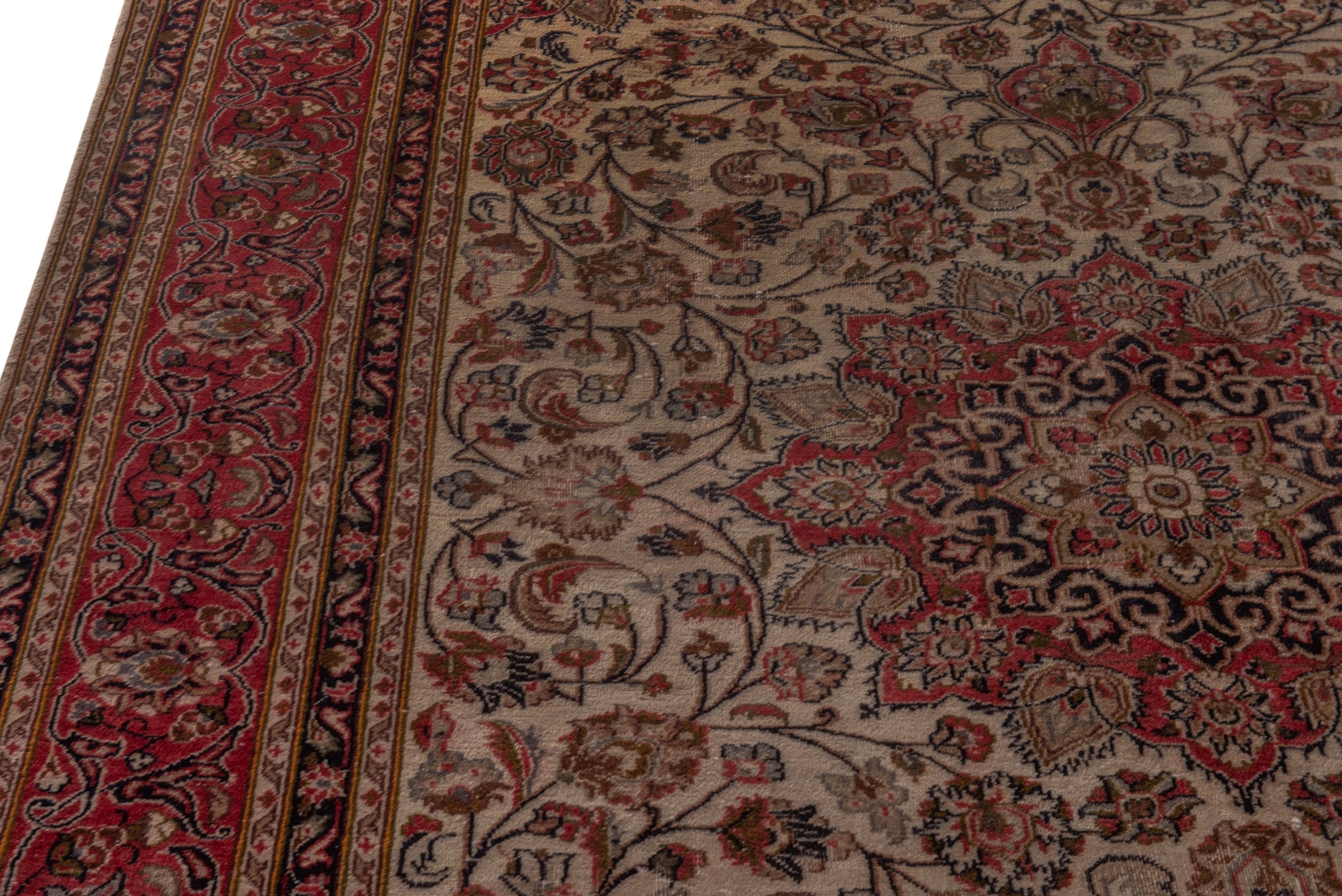 Persian Mashhad area rug in ivory and burgundy, view 7 of 20