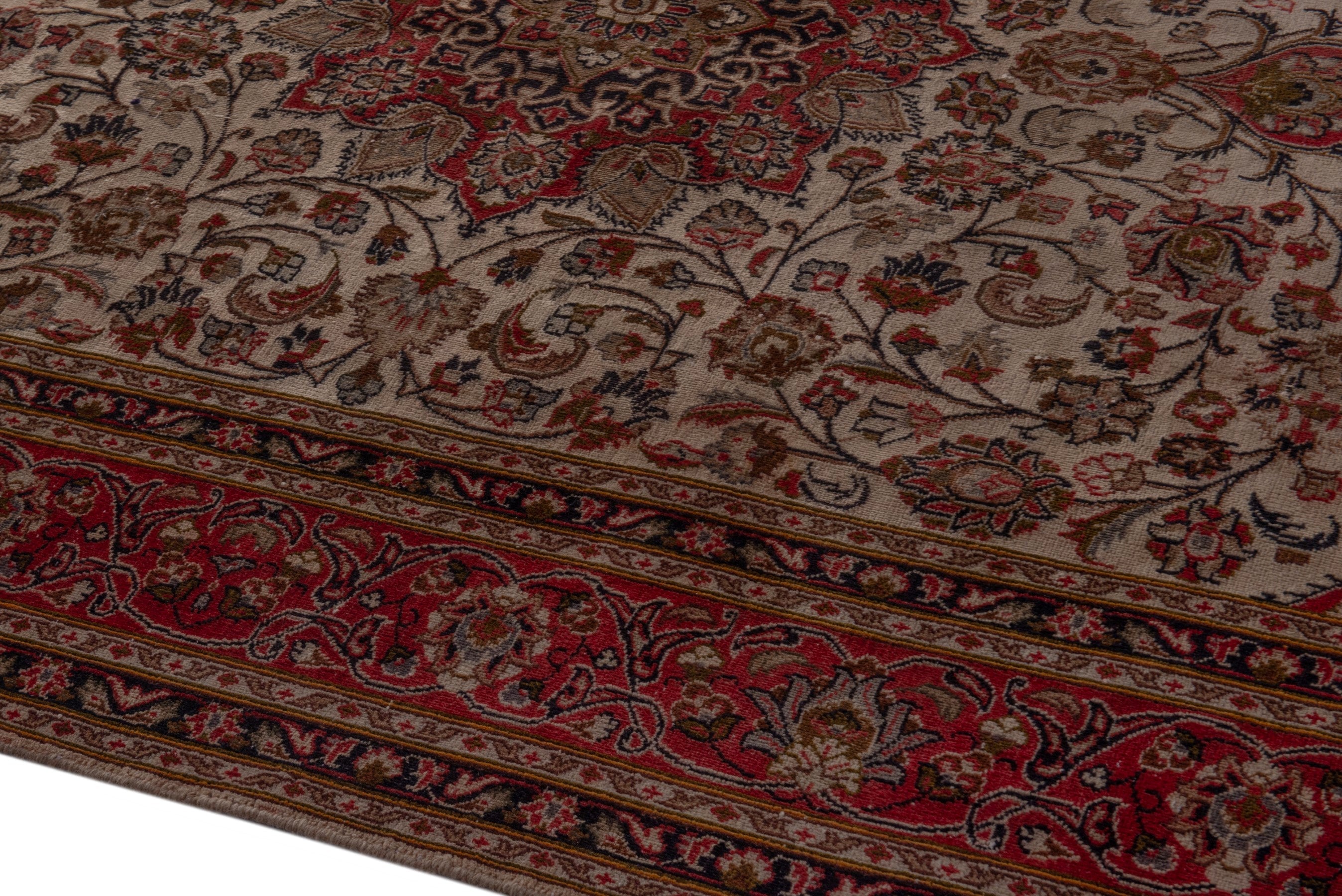 Persian Mashhad area rug in ivory and burgundy, view 8 of 20