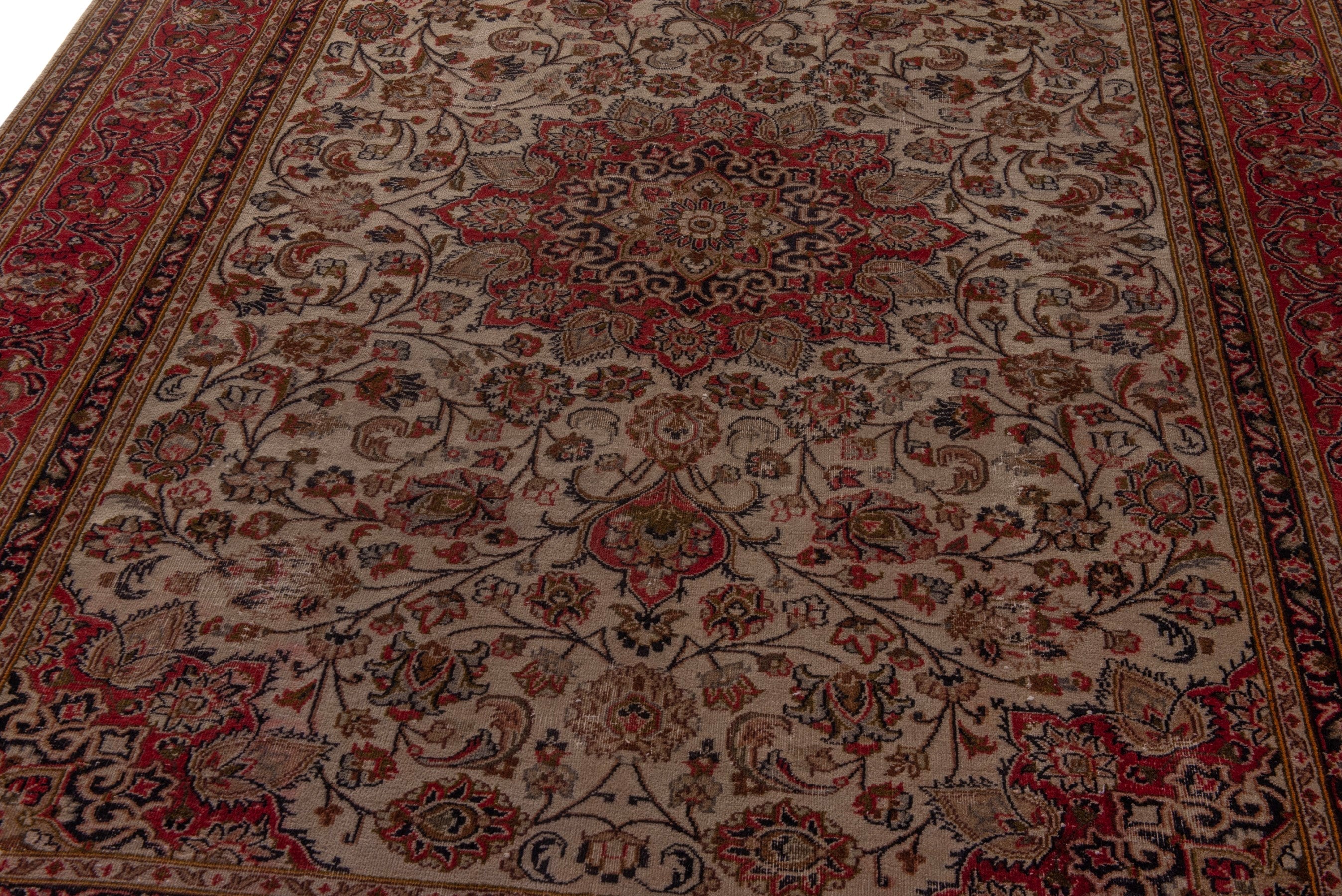 Persian Mashhad area rug in ivory and burgundy, view 9 of 20