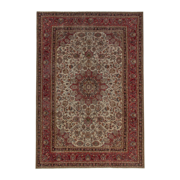 Persian Mashhad area rug in ivory and burgundy, 6'7" x 9'7"