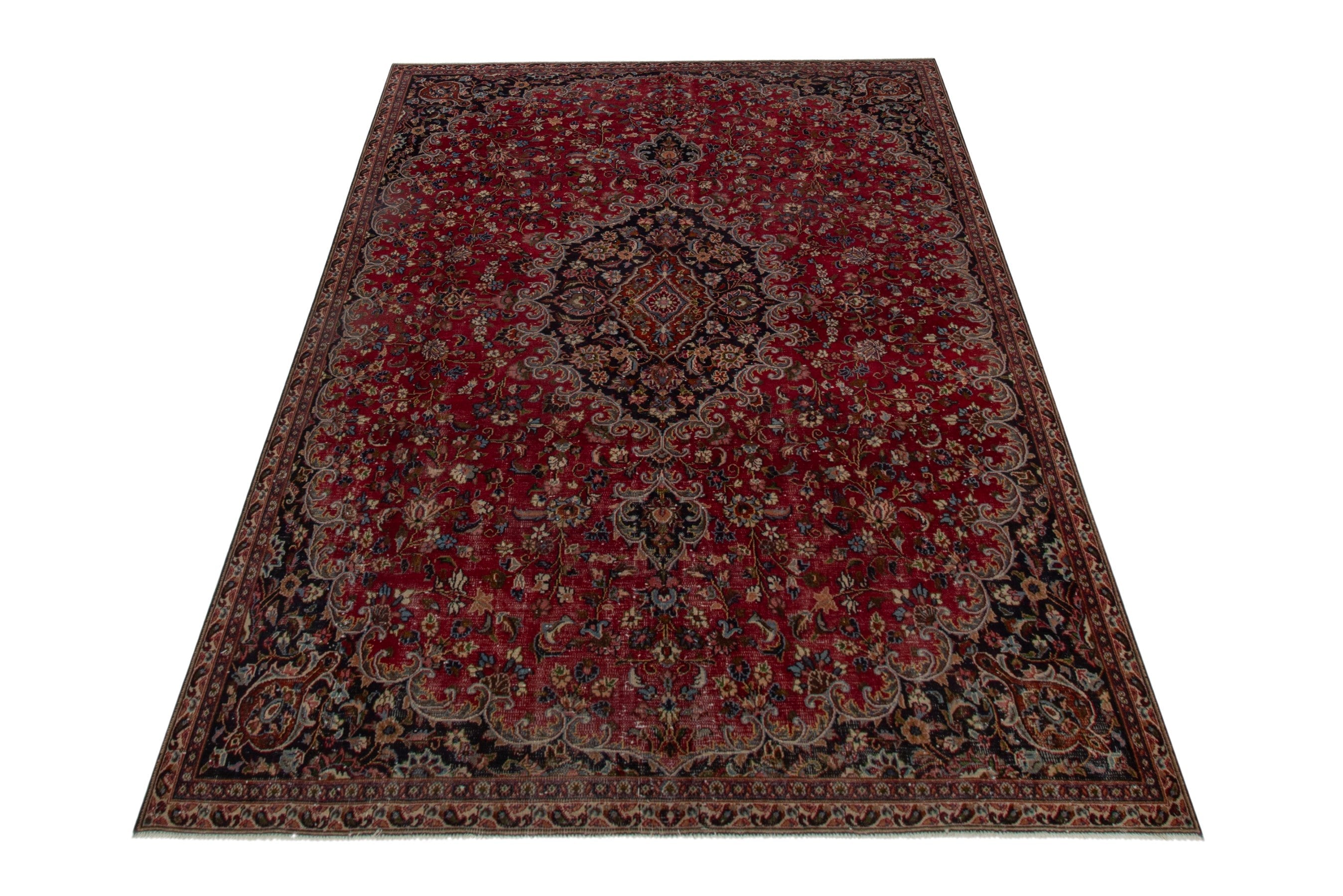 Persian Mashhad oversized rug in deep red and navy, view 2 of 24
