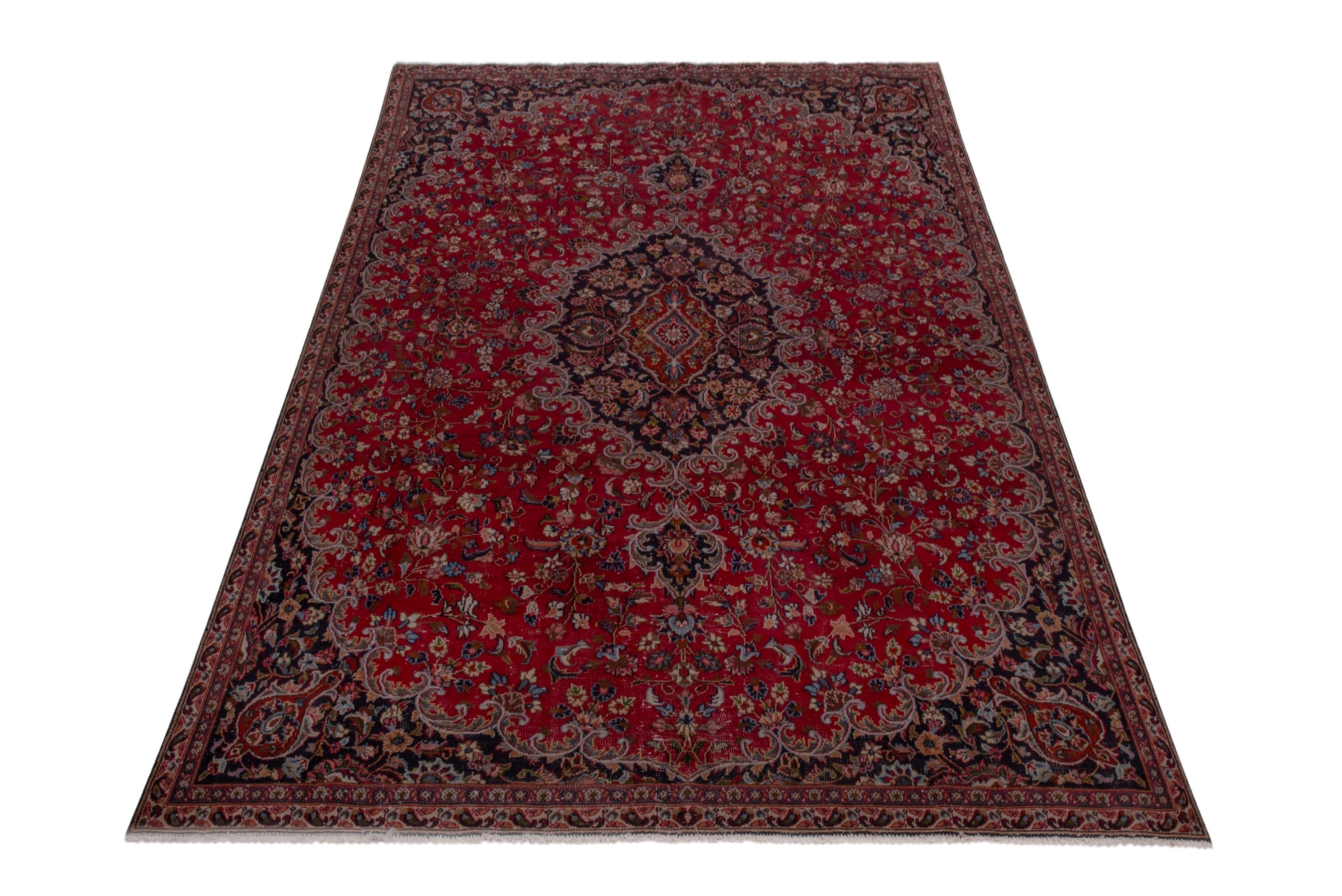 Persian Mashhad oversized rug in deep red and navy, view 3 of 24