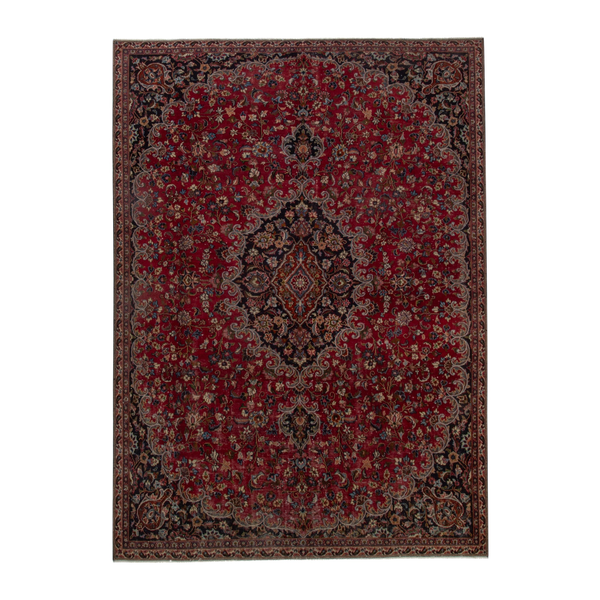 Persian Mashhad oversized rug in deep red and navy, 7'9" x 10'6"