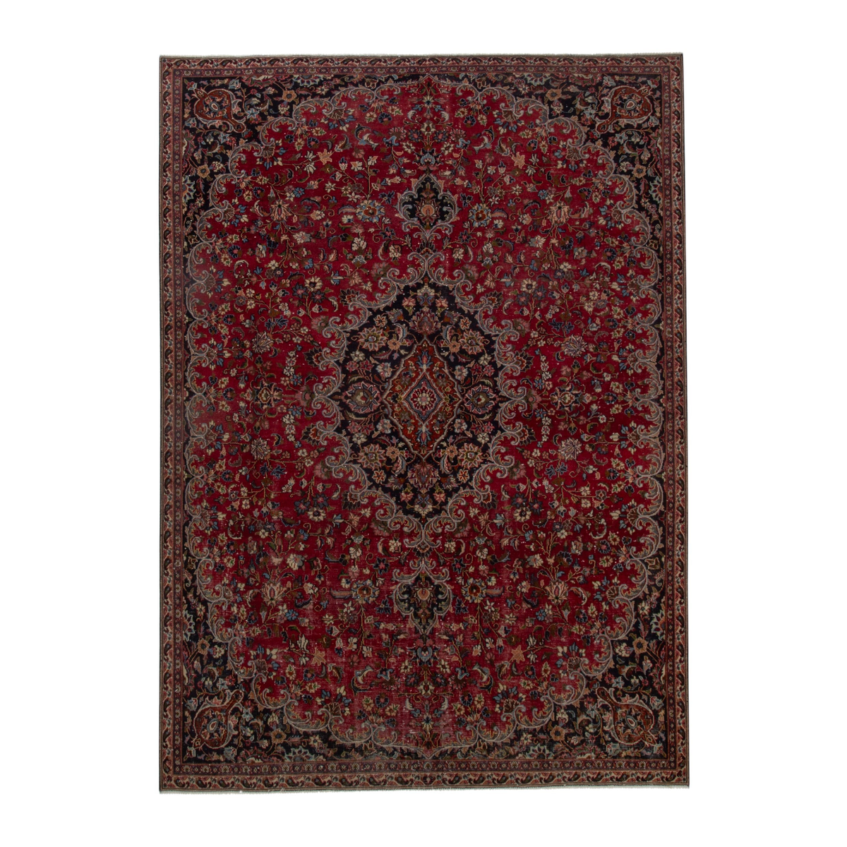 Persian Mashhad oversized rug in deep red and navy, 7'9" x 10'6"