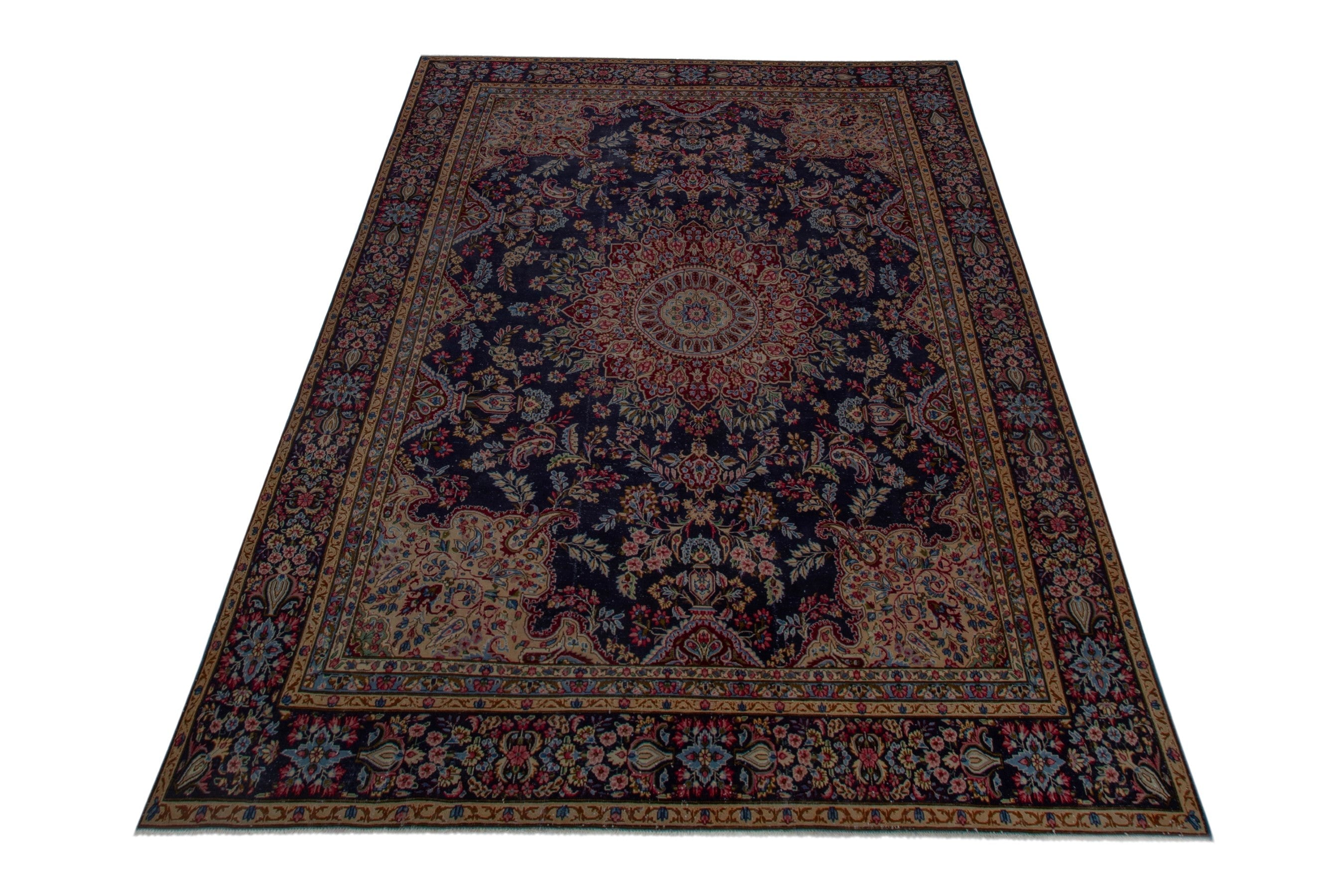 Persian Kerman oversized rug in navy and burgundy, view 2 of 22