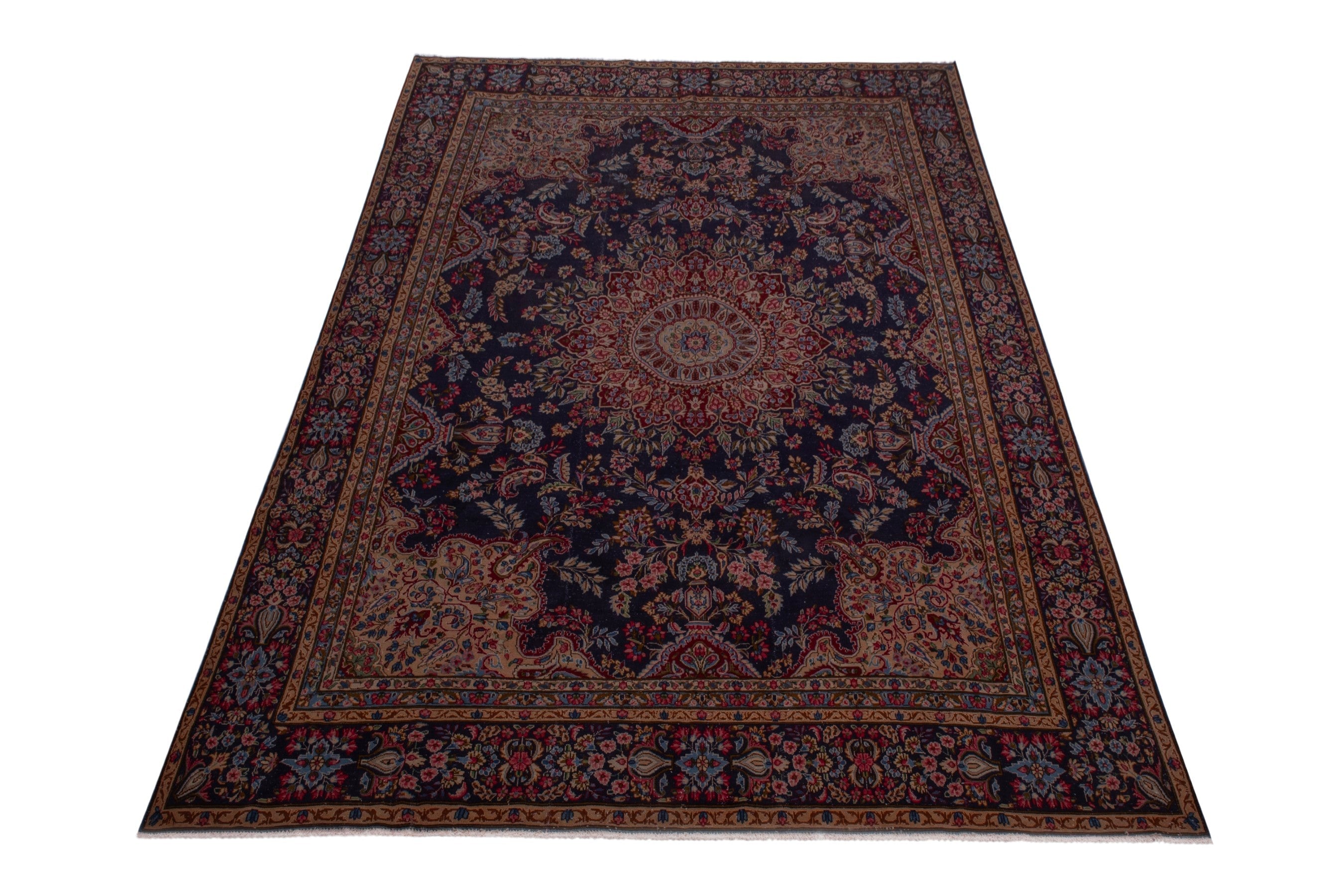 Persian Kerman oversized rug in navy and burgundy, view 3 of 22