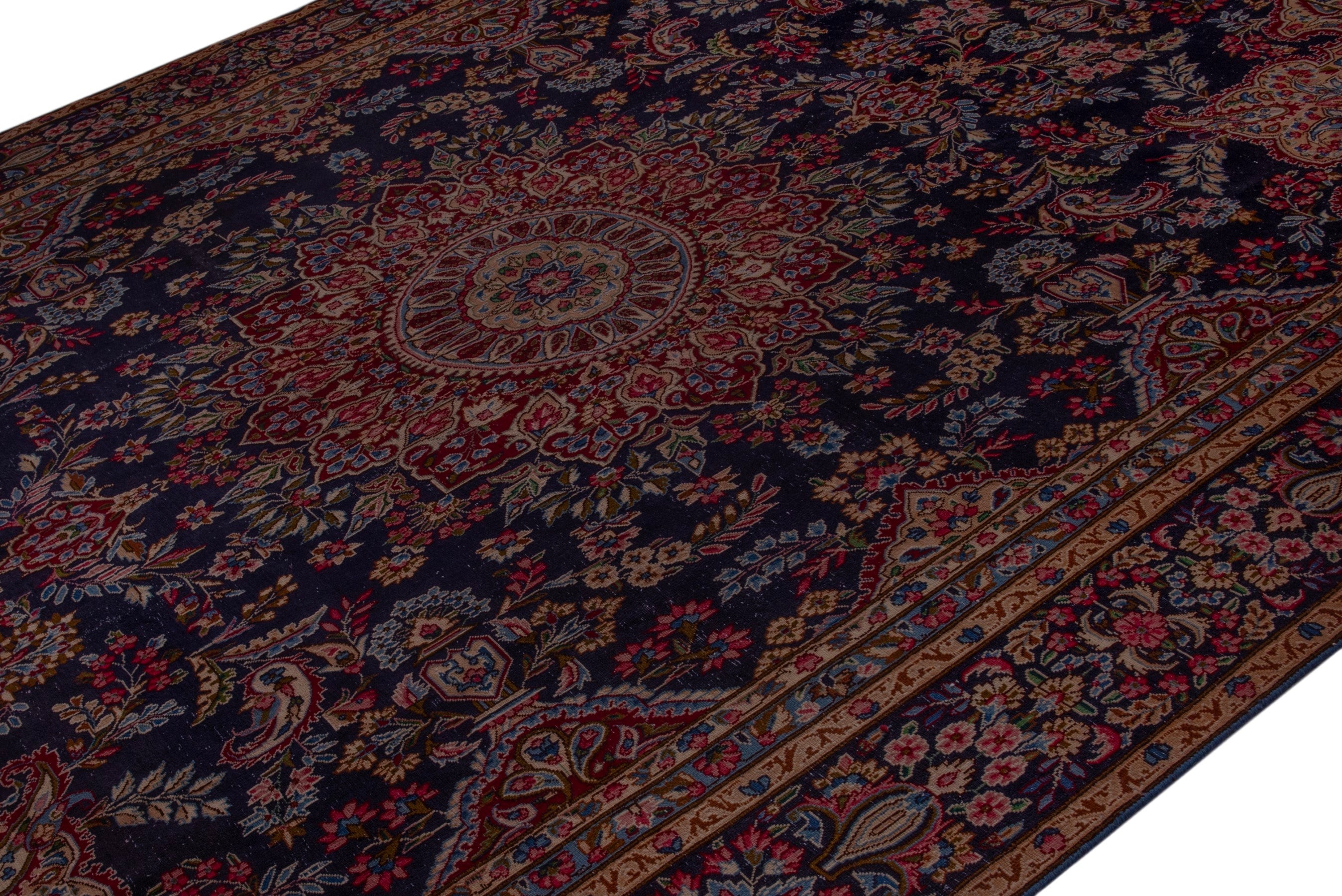 Persian Kerman oversized rug in navy and burgundy, view 4 of 22