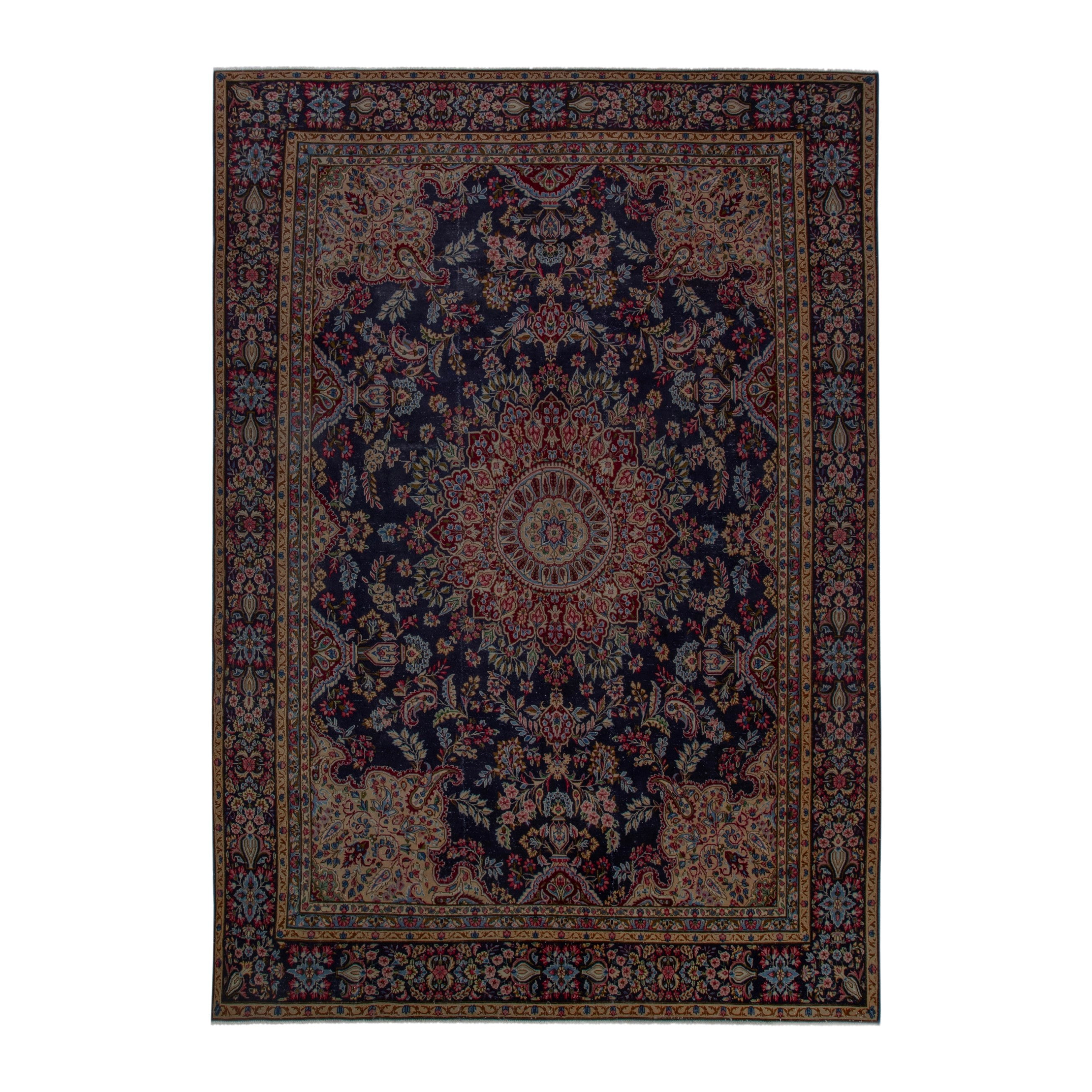 Persian Kerman oversized rug in navy and burgundy, 8'11" x 12'10"