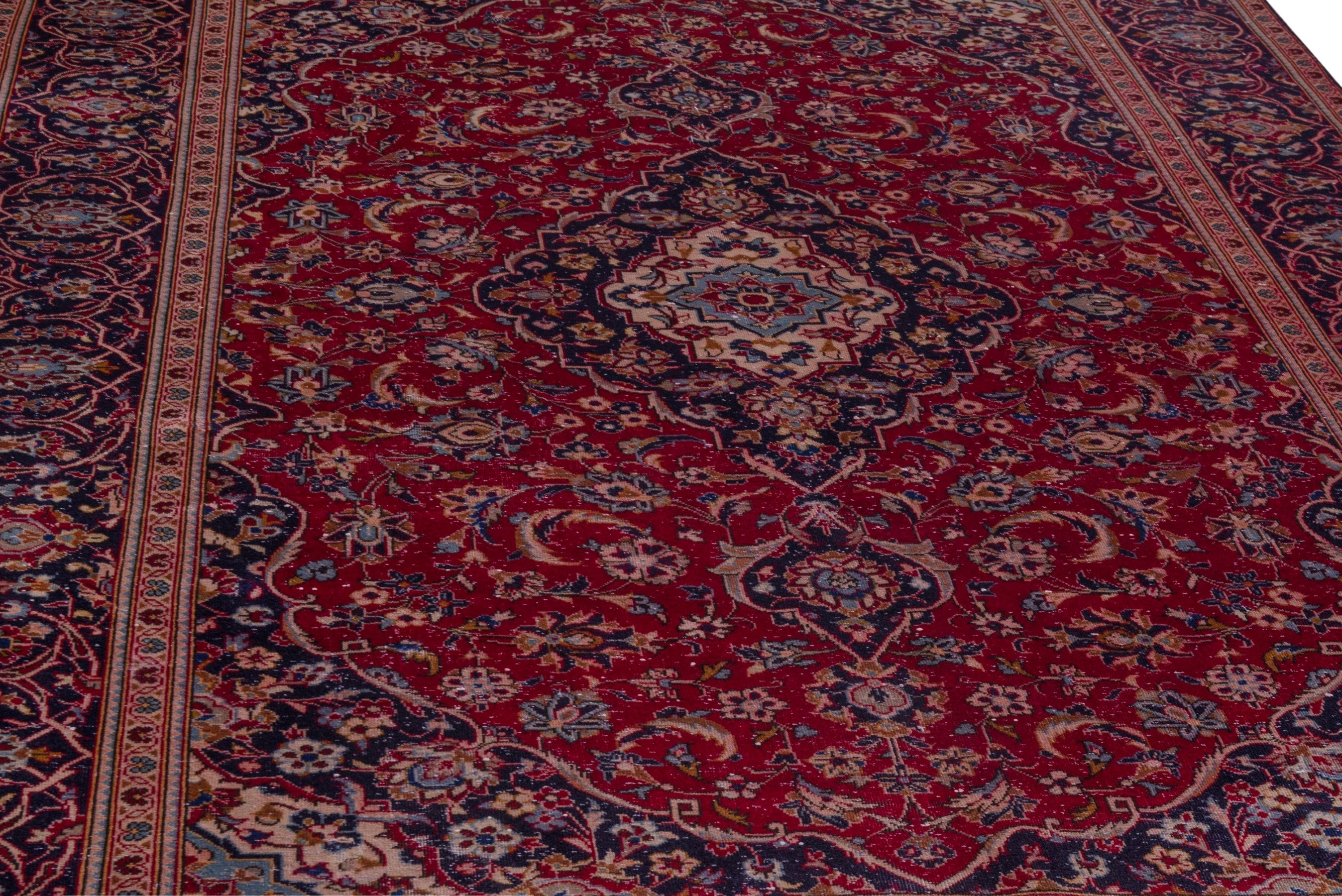 Persian Kashan oversized rug in burgundy and dark blue, view 10 of 20