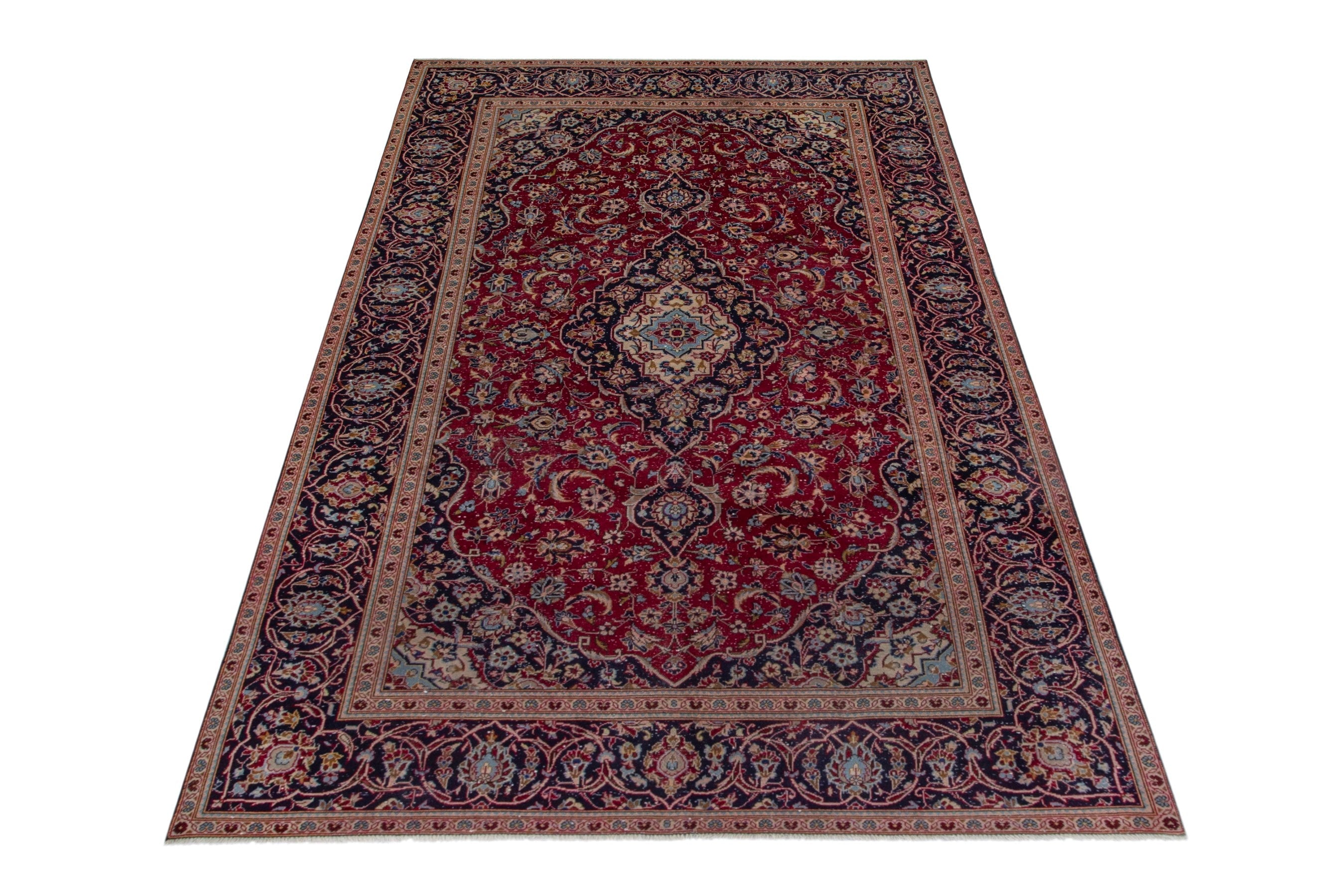 Persian Kashan oversized rug in burgundy and dark blue, view 3 of 20