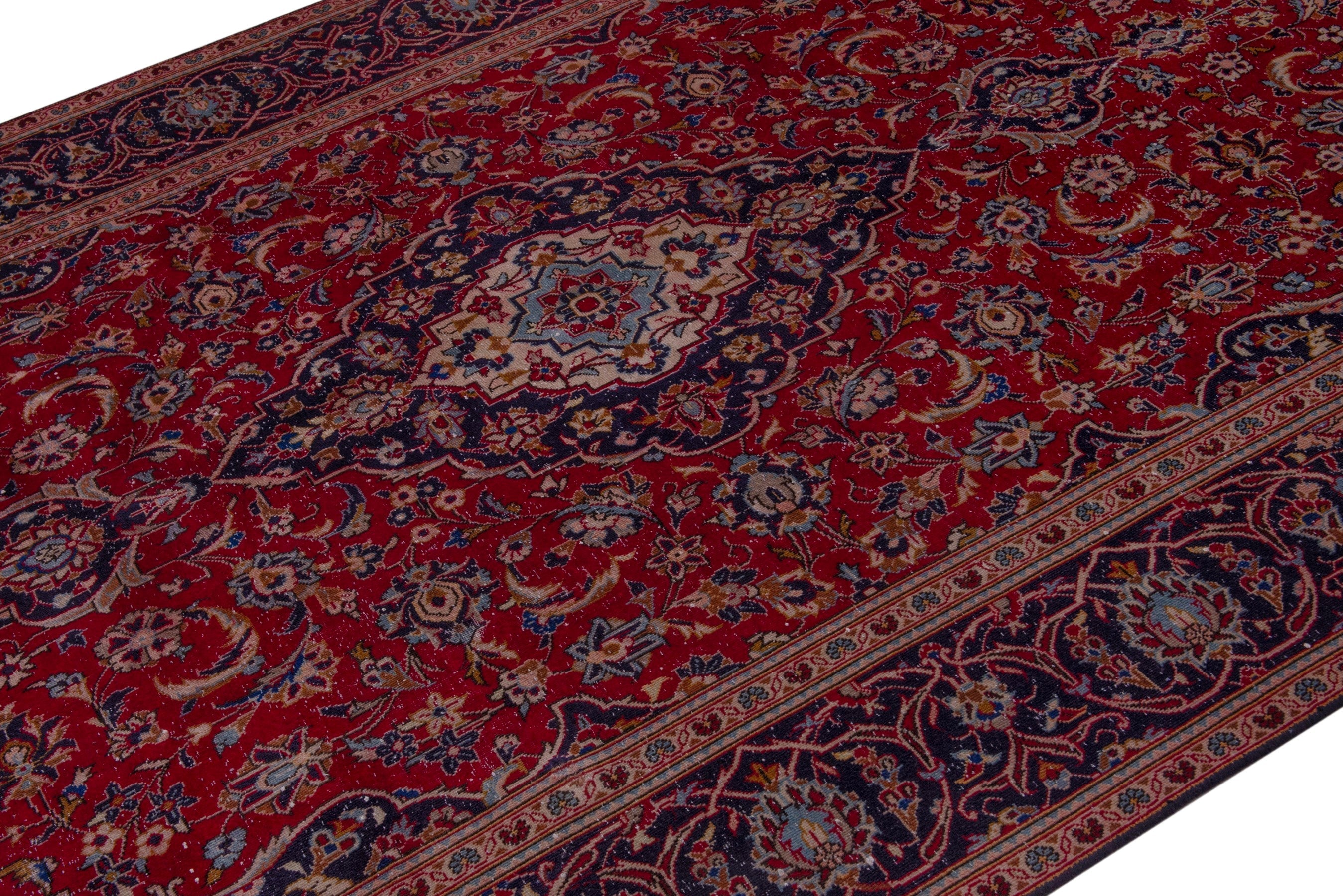 Persian Kashan oversized rug in burgundy and dark blue, view 4 of 20