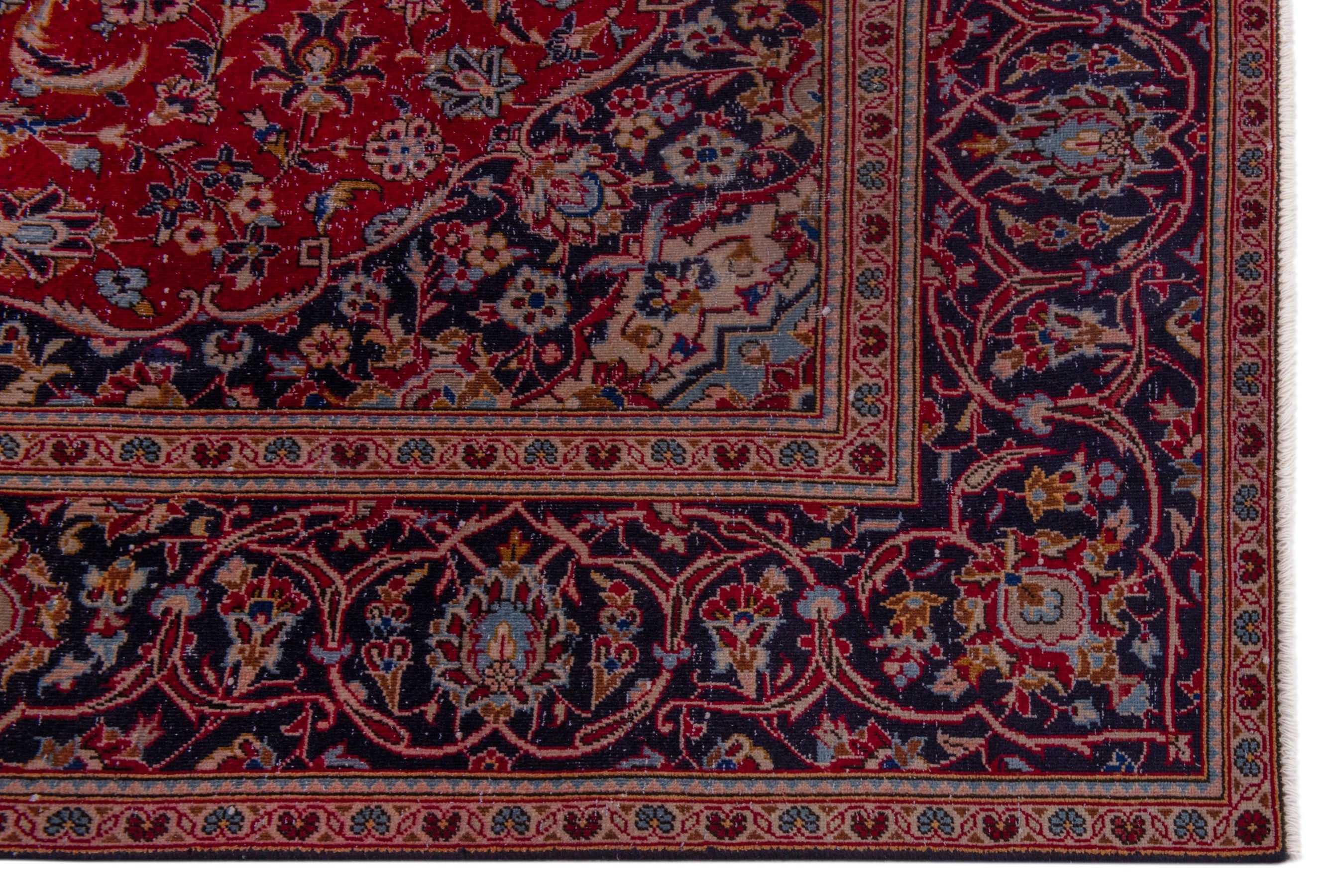 Persian Kashan oversized rug in burgundy and dark blue, view 5 of 20