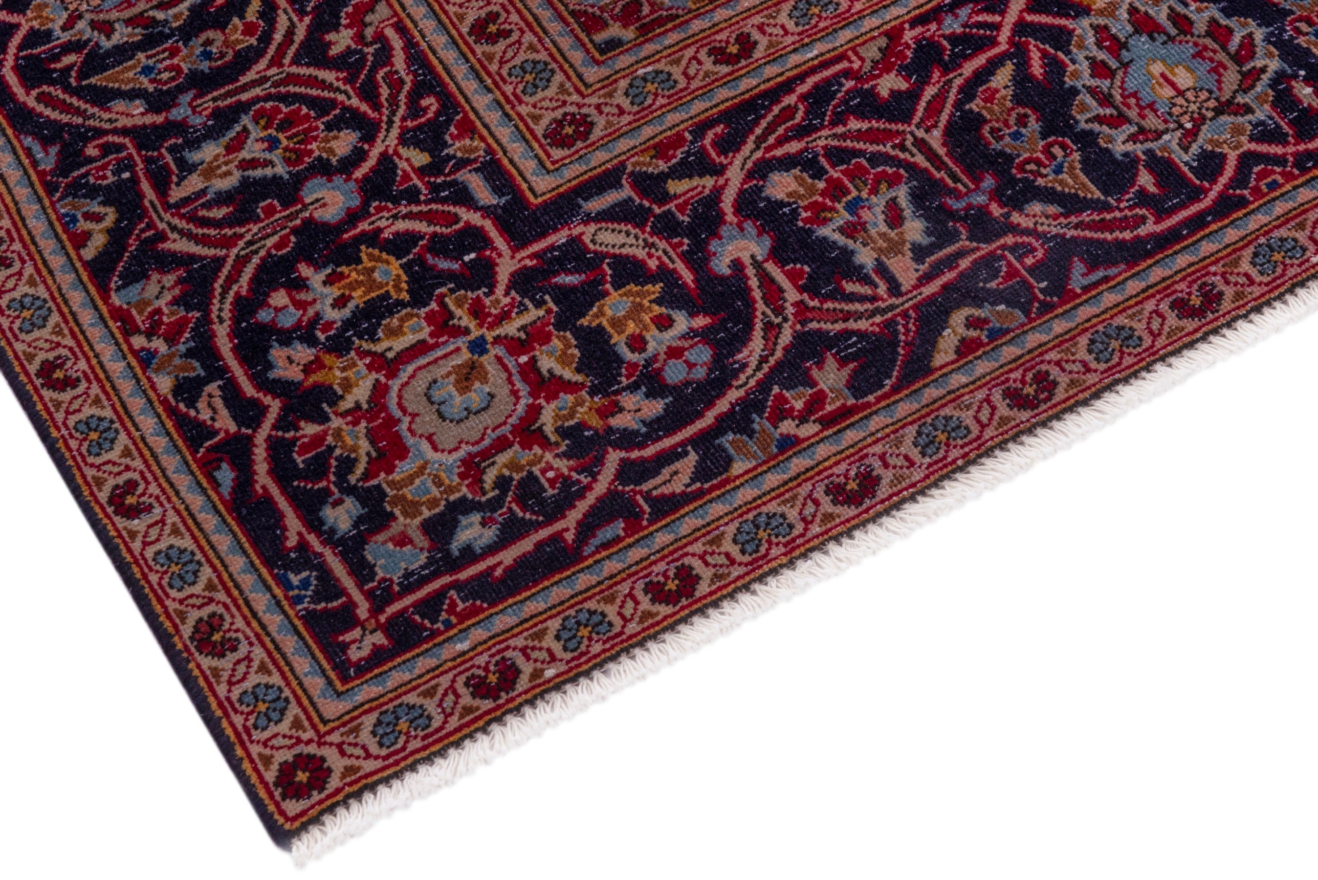 Persian Kashan oversized rug in burgundy and dark blue, view 6 of 20