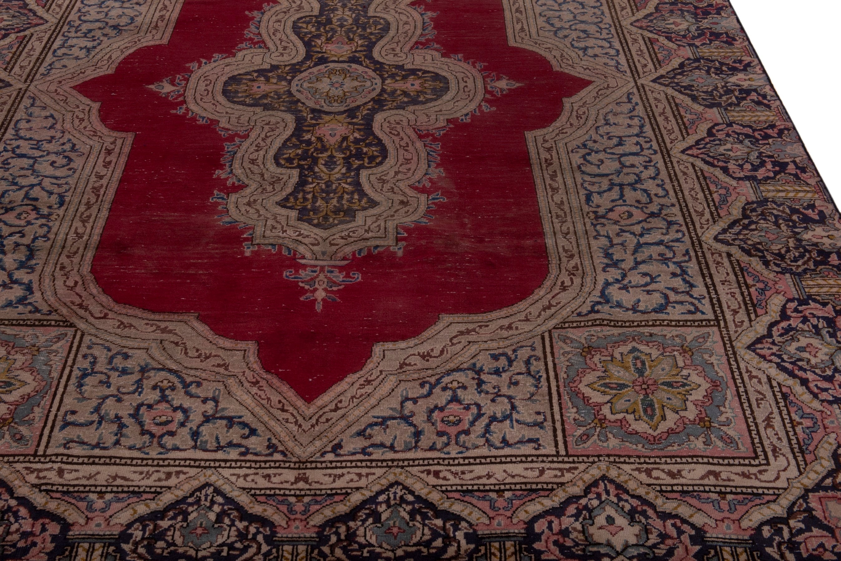 Persian Kerman area rug in cream and burgundy, view 10 of 20