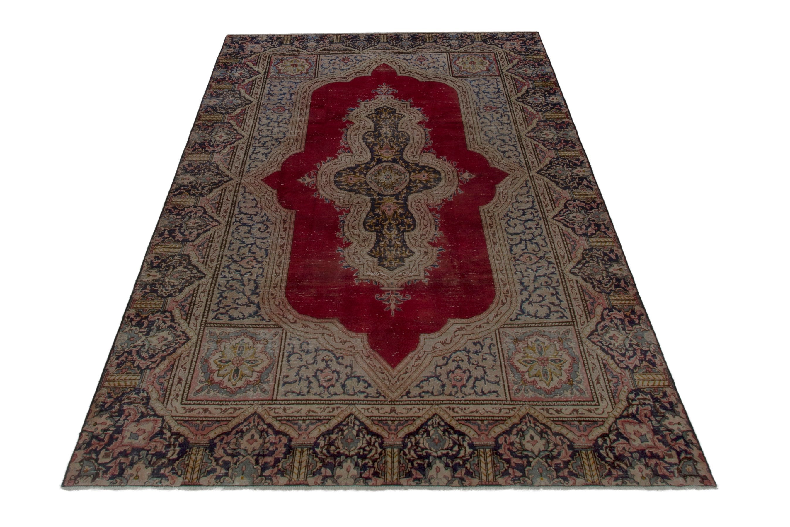 Persian Kerman area rug in cream and burgundy, view 2 of 20