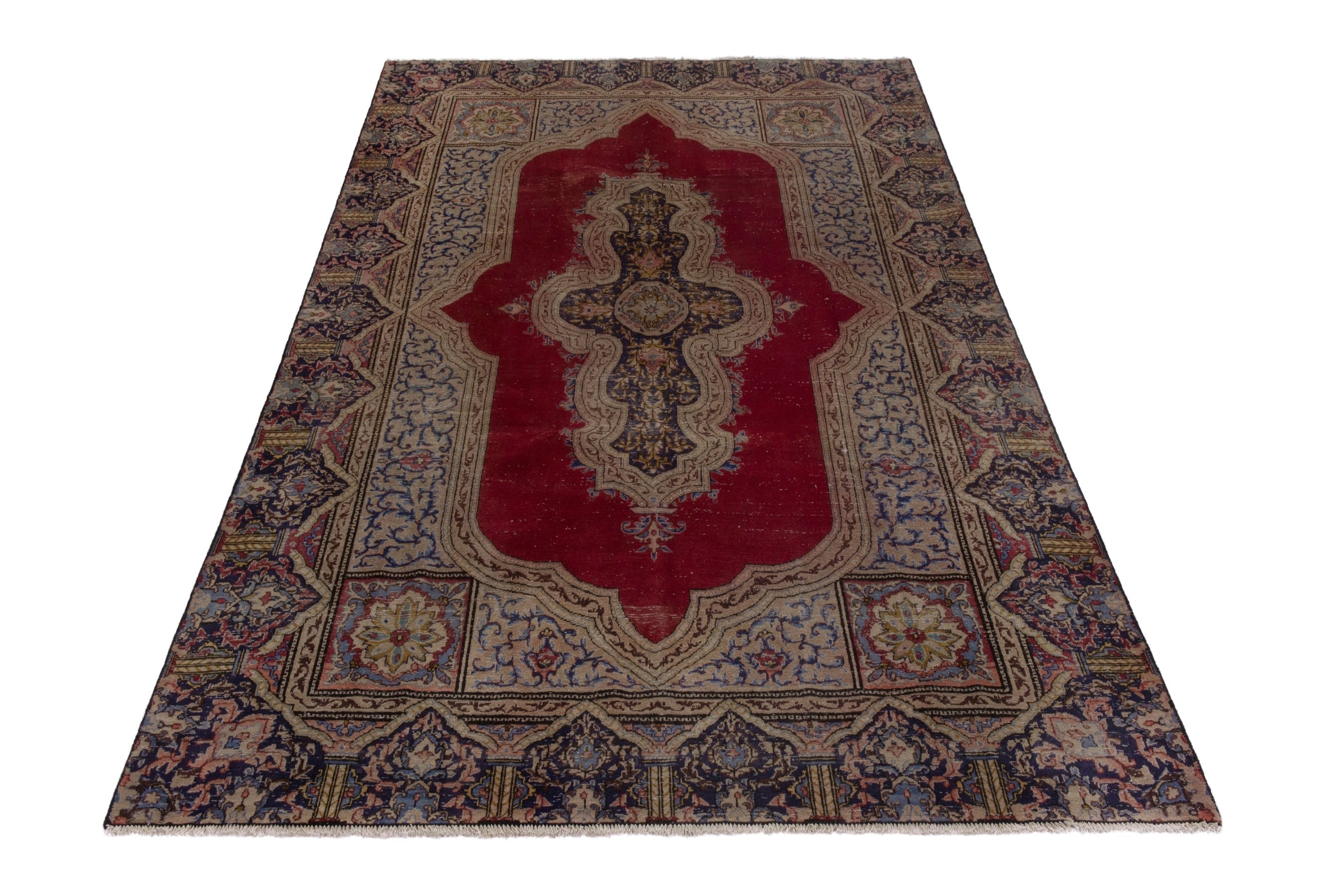 Persian Kerman area rug in cream and burgundy, view 3 of 20