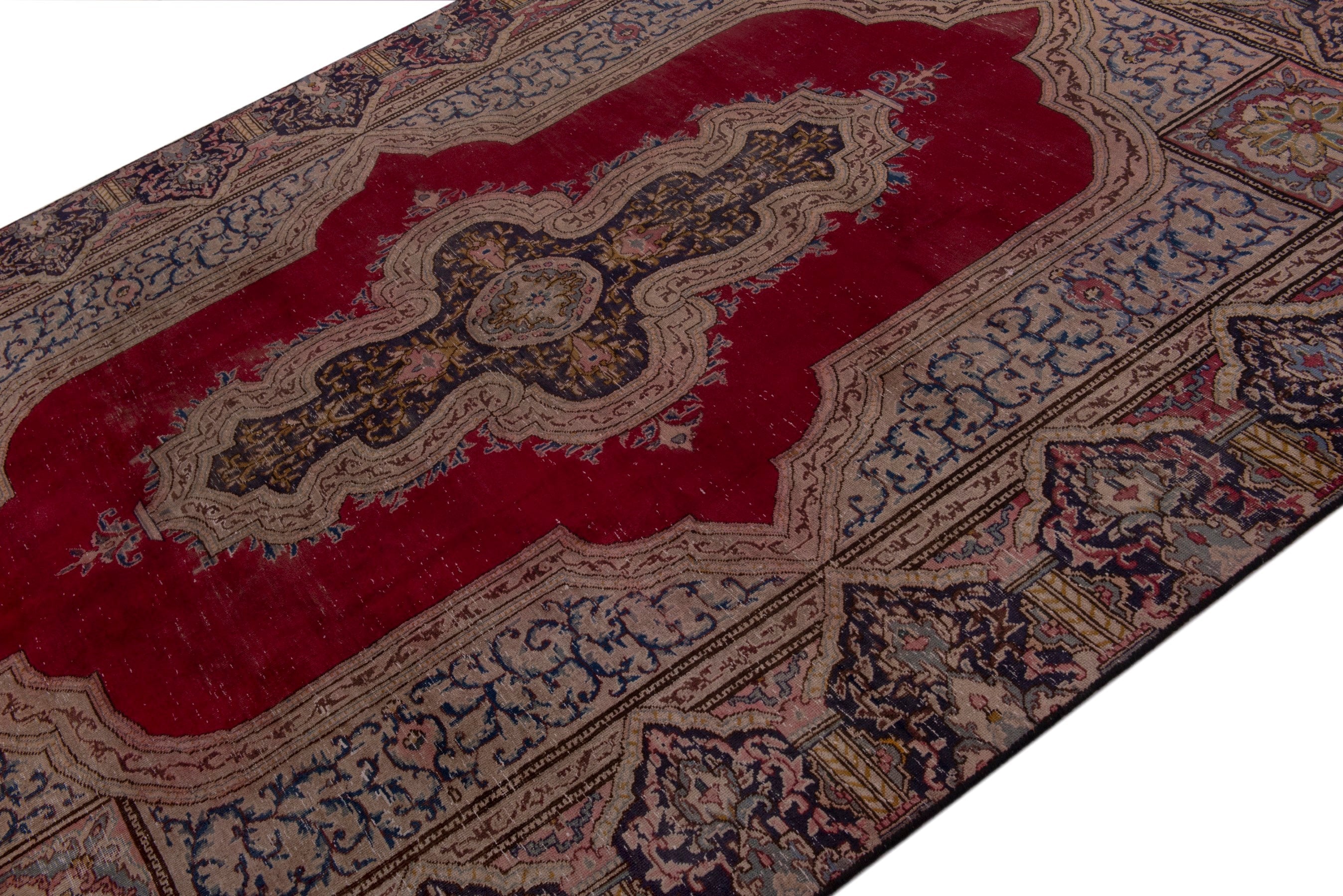Persian Kerman area rug in cream and burgundy, view 4 of 20