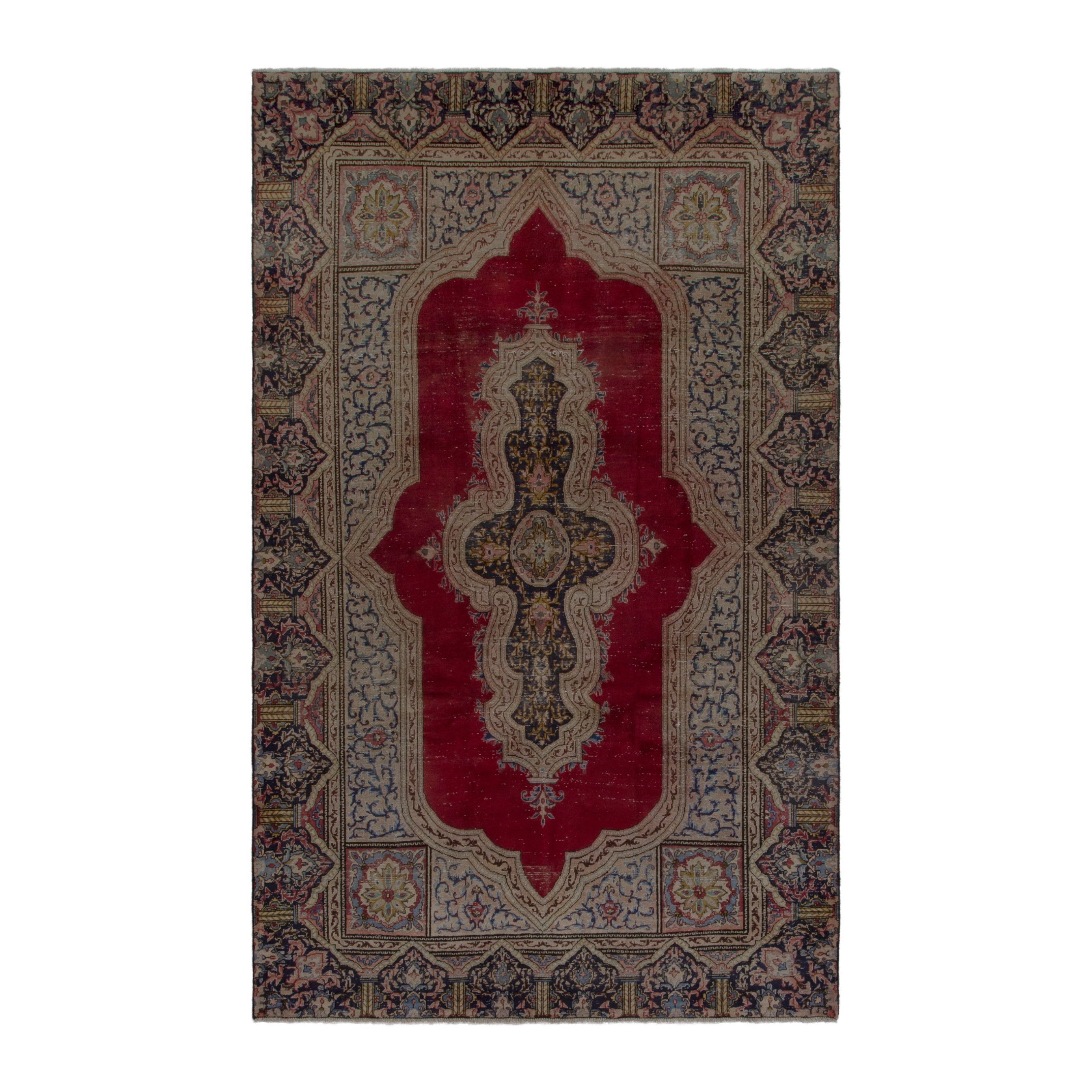 Persian Kerman area rug in cream and burgundy, 6'8" x 10'1"