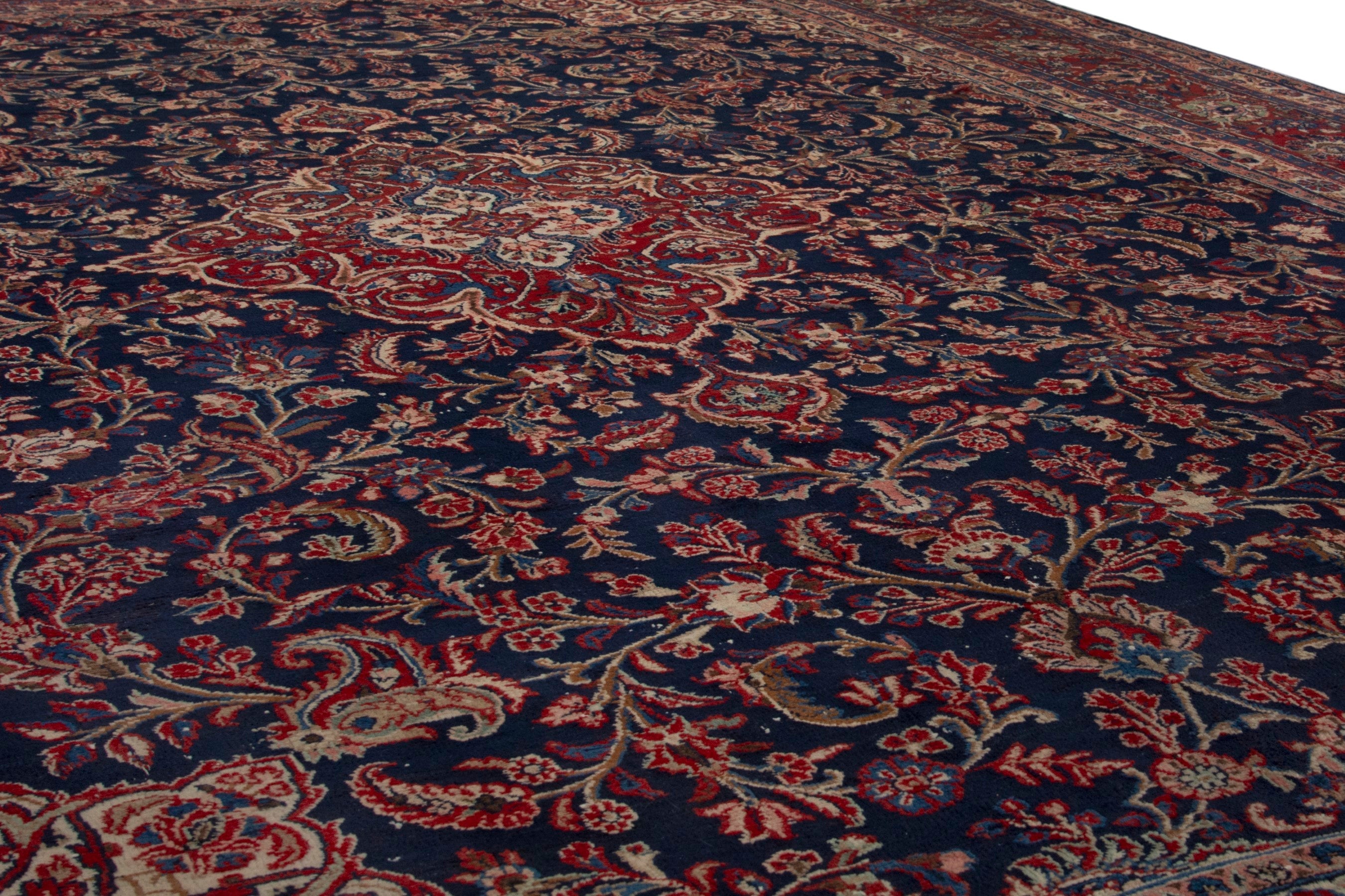 Persian Hamedan oversized rug in navy and burgundy, view 10 of 18