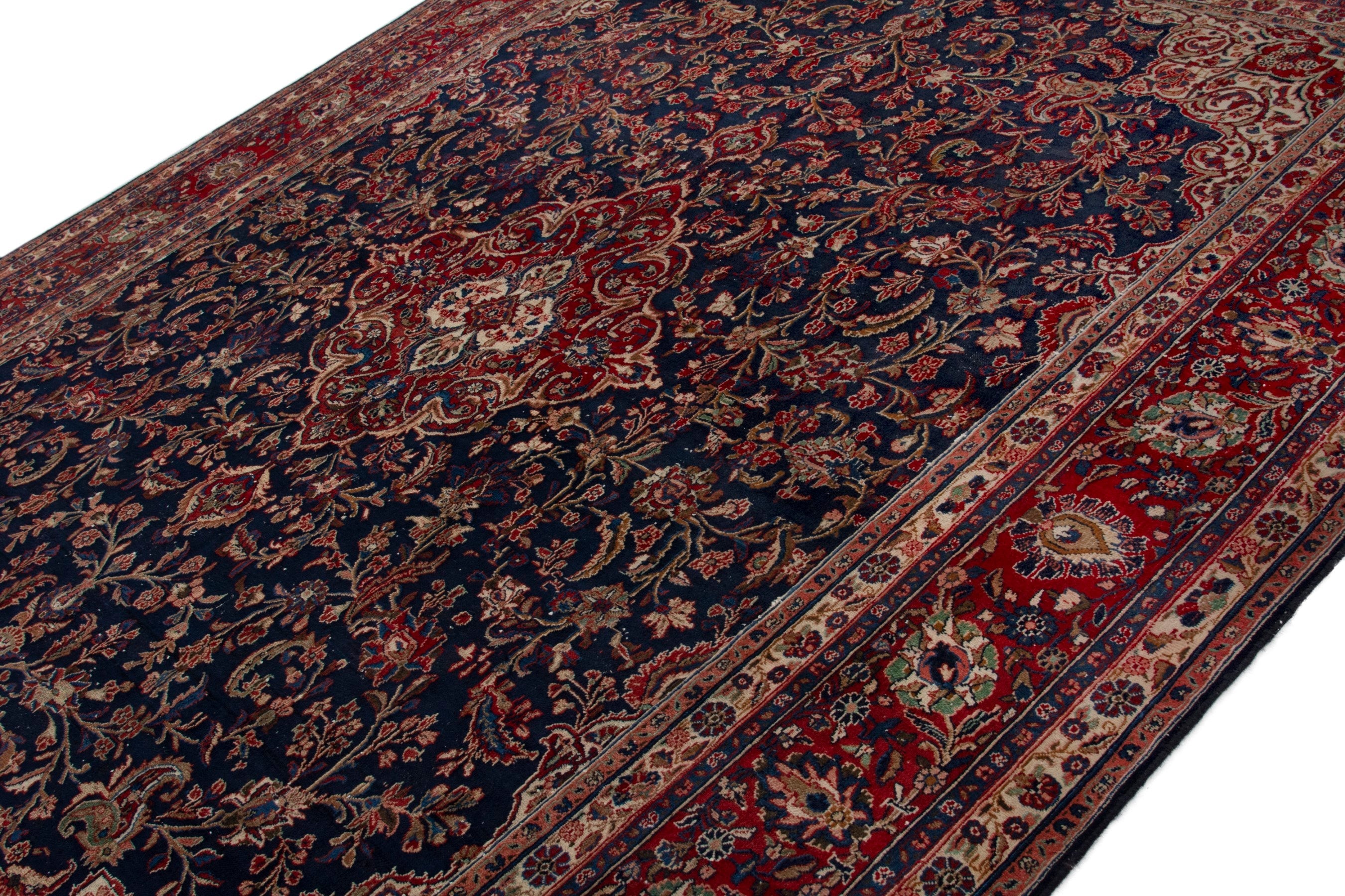 Persian Hamedan oversized rug in navy and burgundy, view 4 of 18