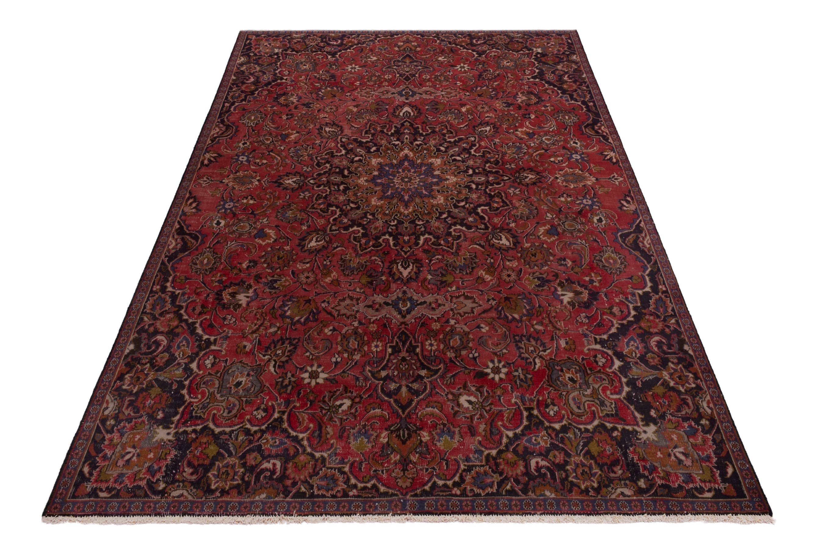 Persian Mashhad area rug in deep red and dark brown, view 3 of 18