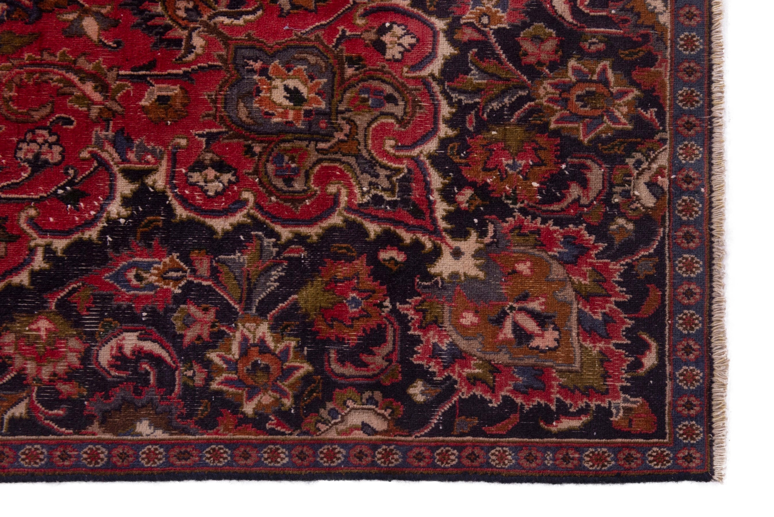 Persian Mashhad area rug in deep red and dark brown, view 5 of 18