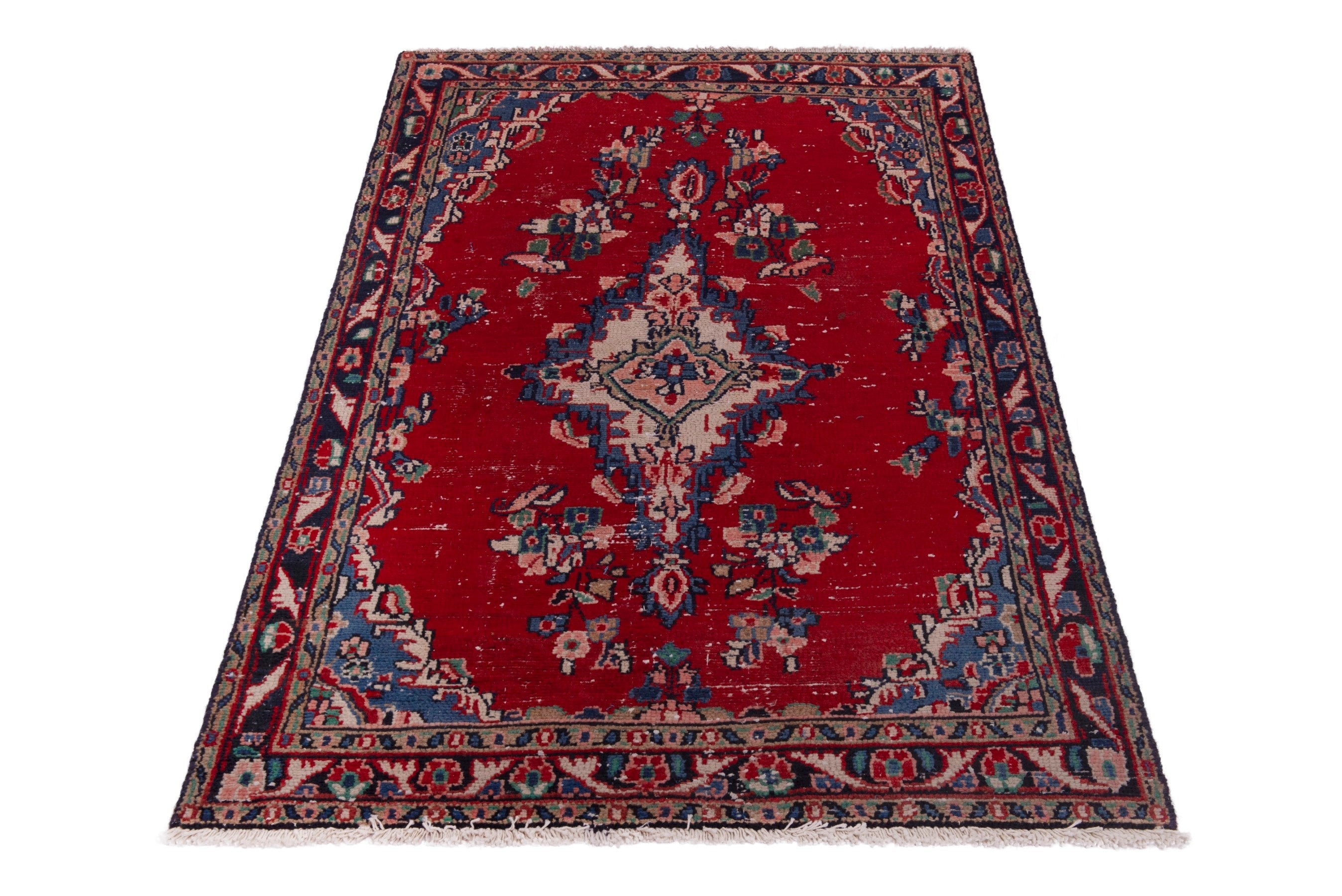 Persian Hamedan accent rug in deep red and denim, view 2 of 18