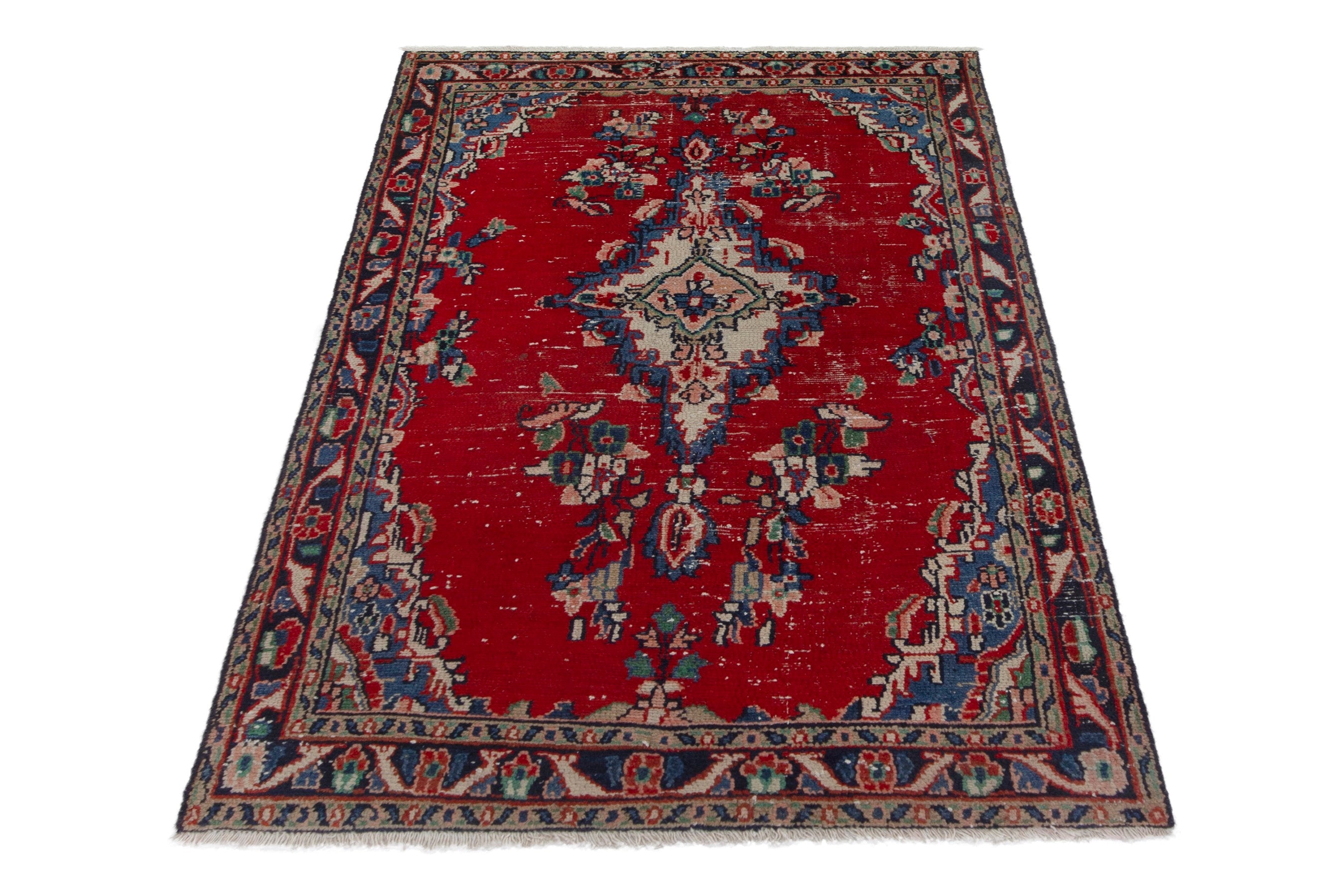Persian Hamedan accent rug in deep red and denim, view 3 of 18