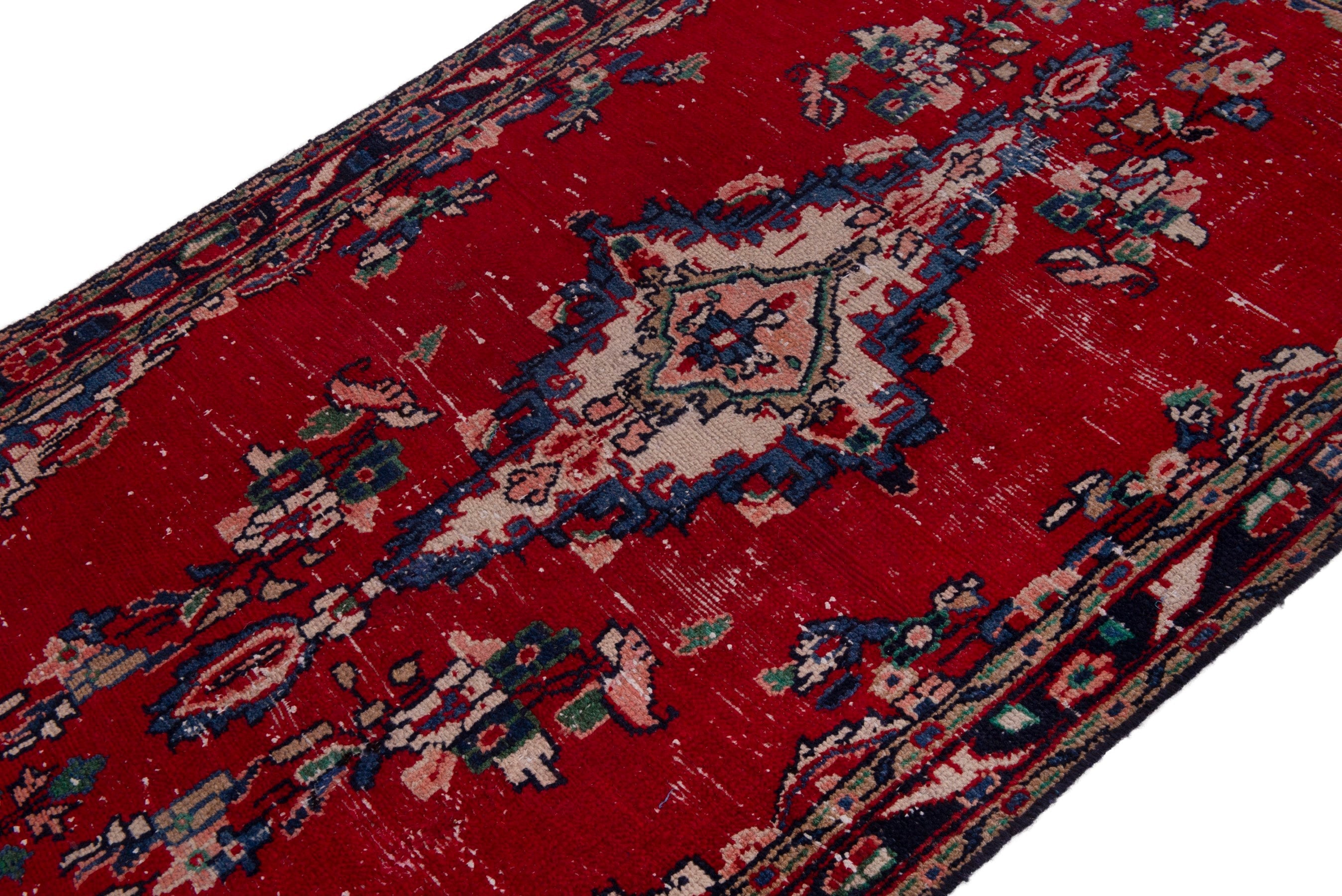 Persian Hamedan accent rug in deep red and denim, view 4 of 18