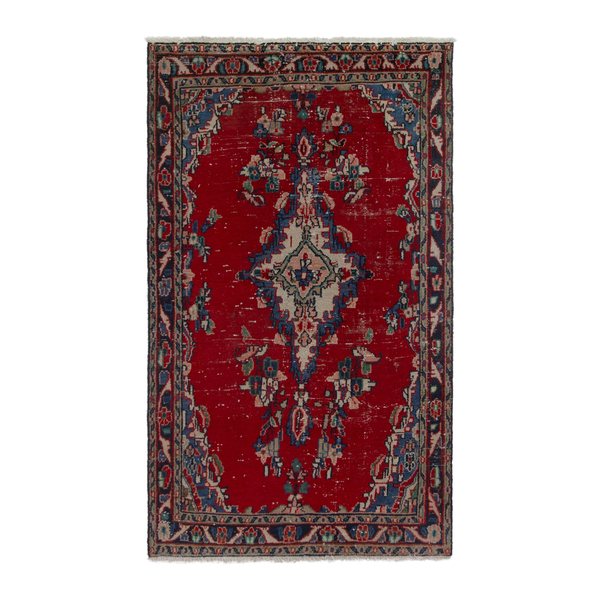 Persian Hamadan accent rug in deep red and denim, 3'9" x 6'3"