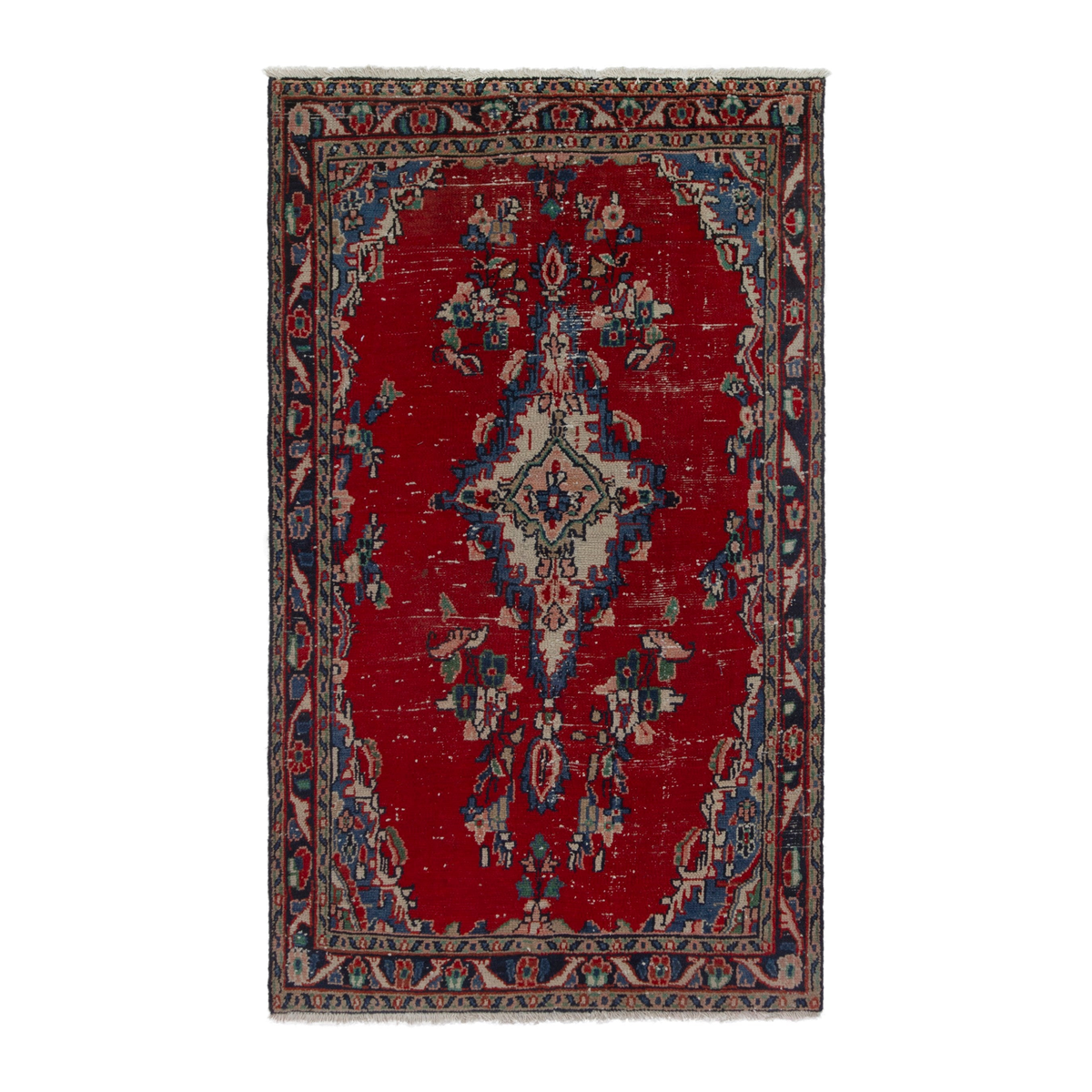 Persian Hamedan accent rug in deep red and denim, 3'9" x 6'3"