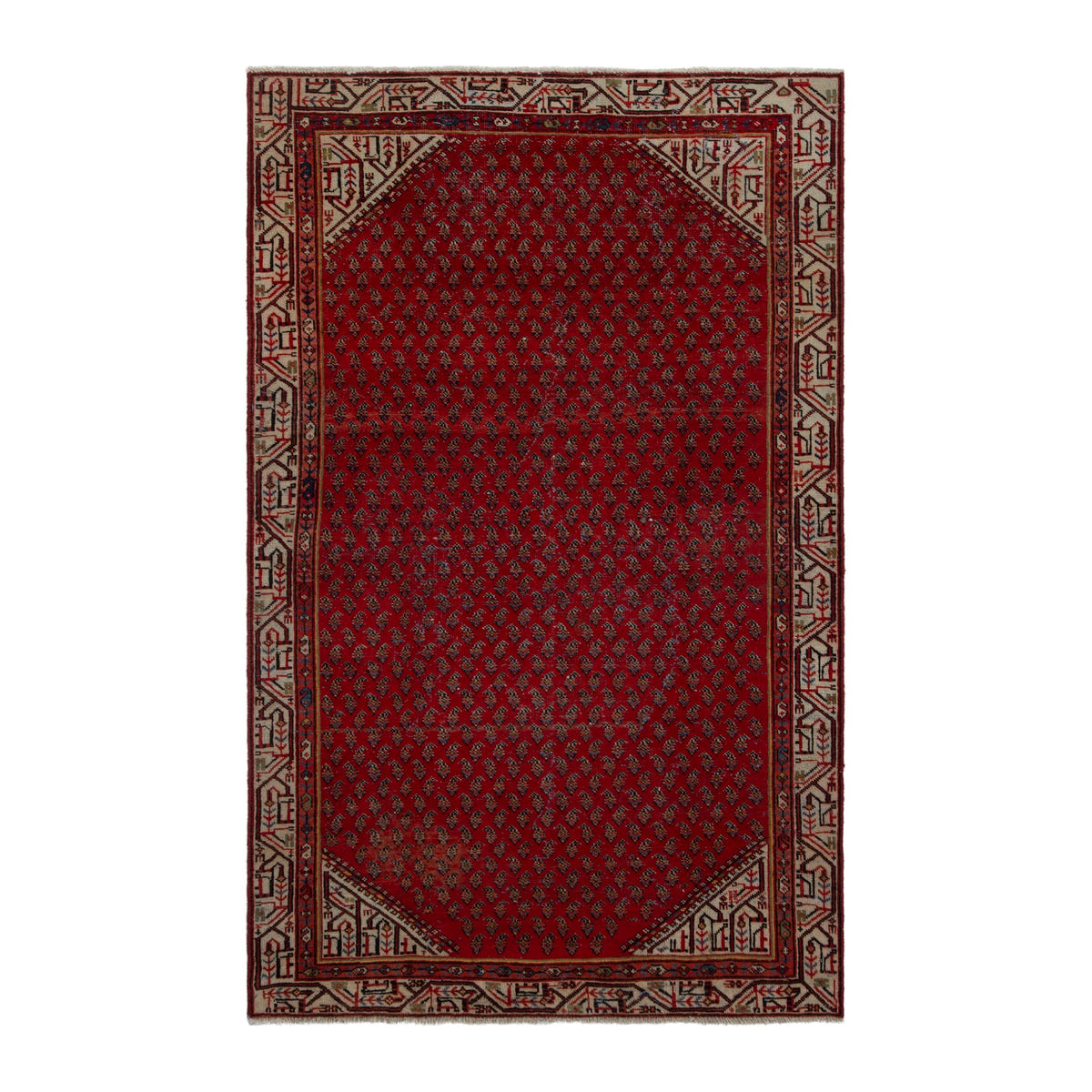 Persian Botteh runner rug in deep red and cream, 3'5" x 6'11"