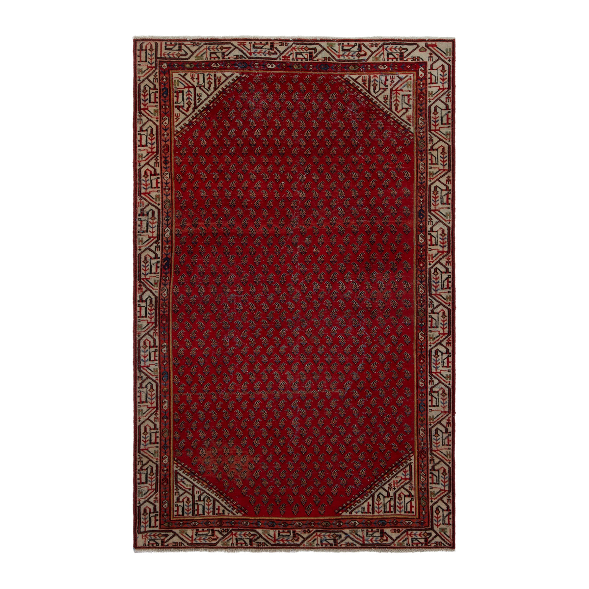 Persian Botteh runner rug in deep red and cream, 3'5" x 6'11"