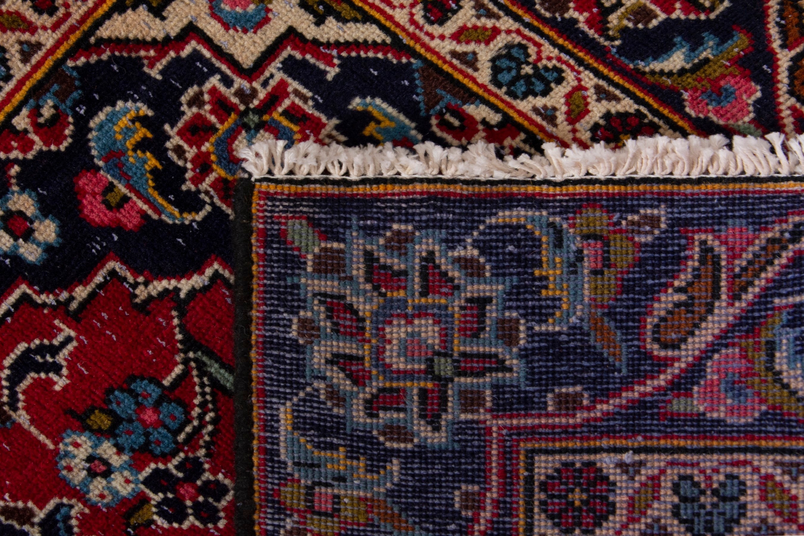 Persian Kashan accent rug in deep red and navy, view 17 of 17