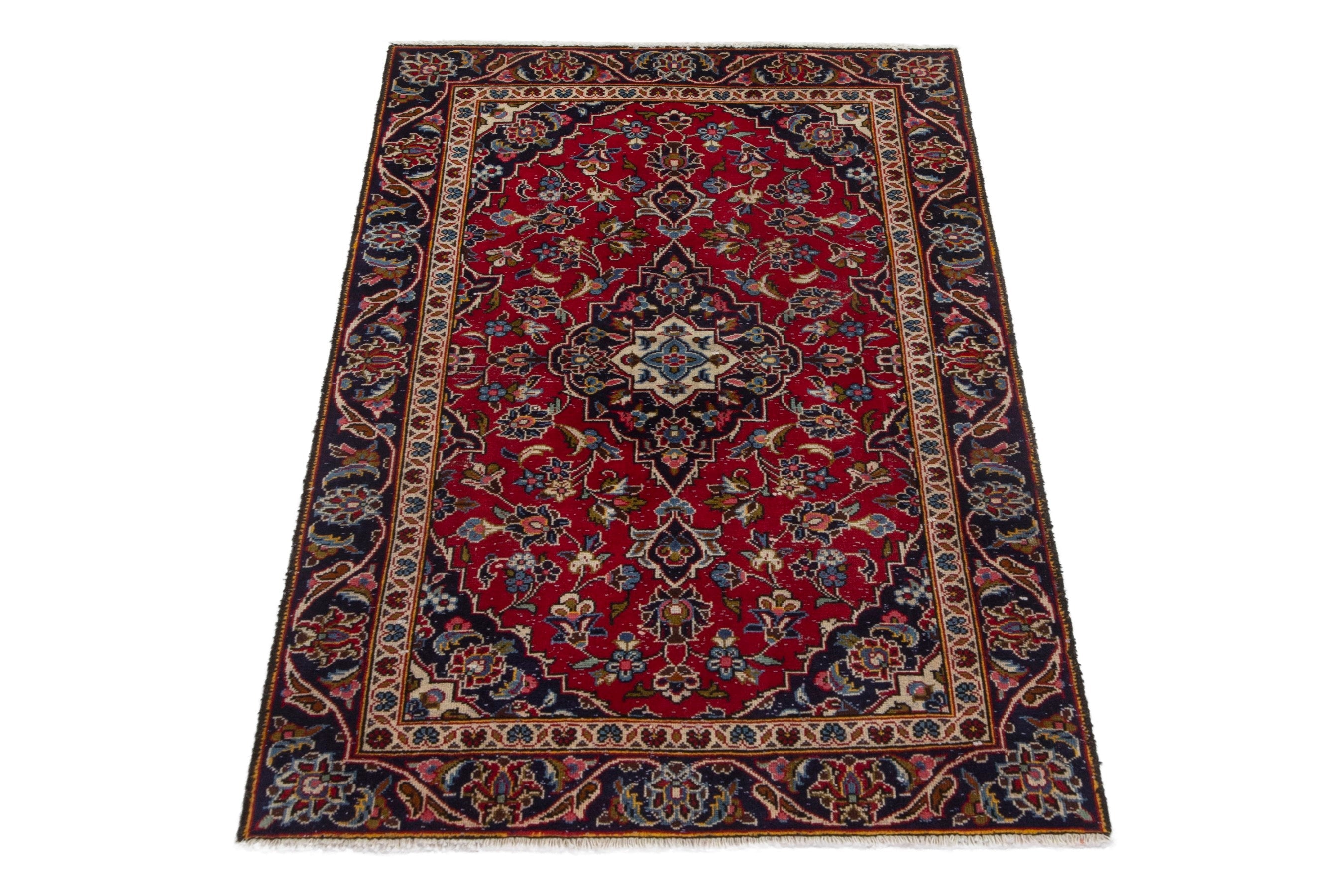 Persian Kashan accent rug in deep red and navy, view 2 of 17