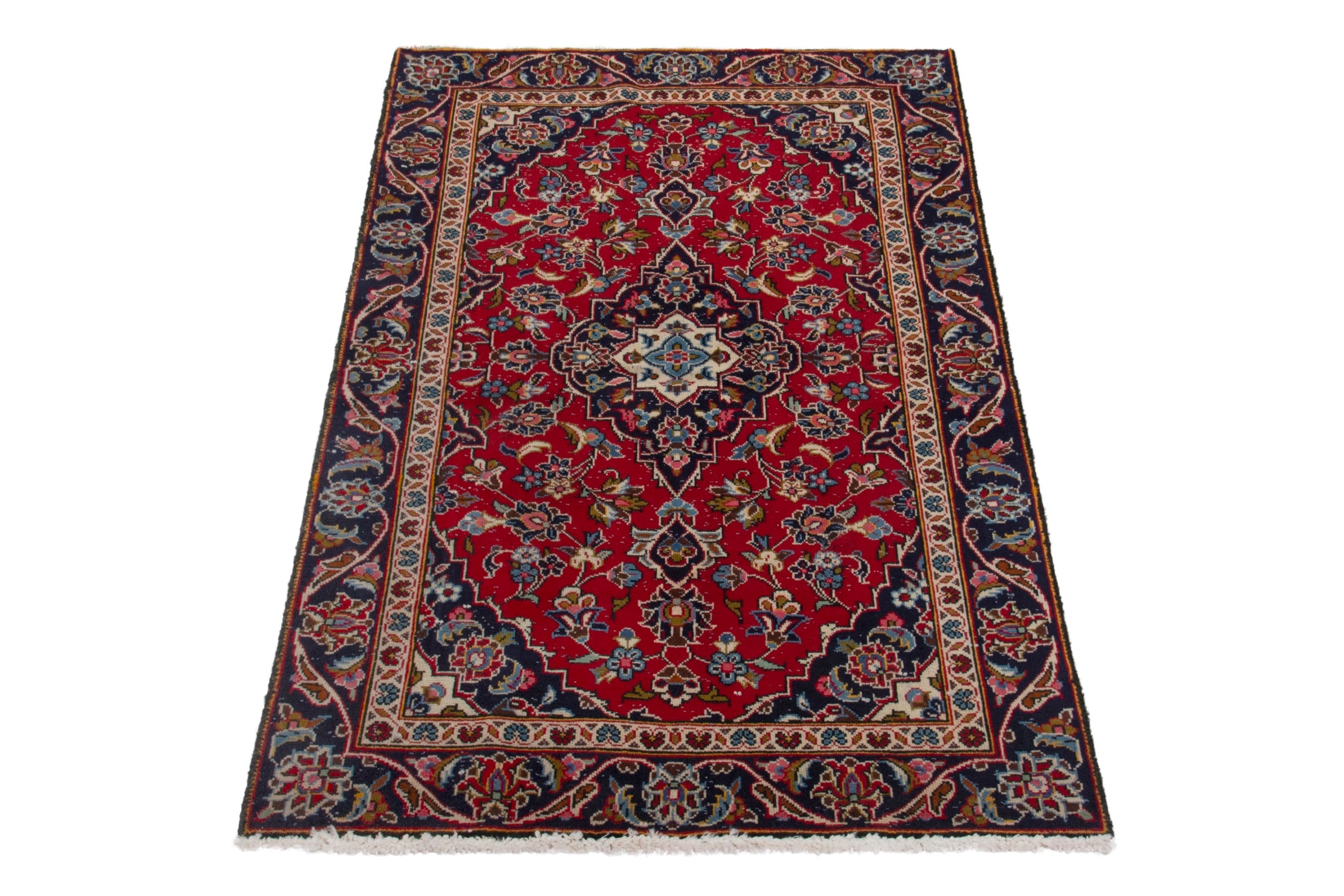 Persian Kashan accent rug in deep red and navy, view 3 of 17